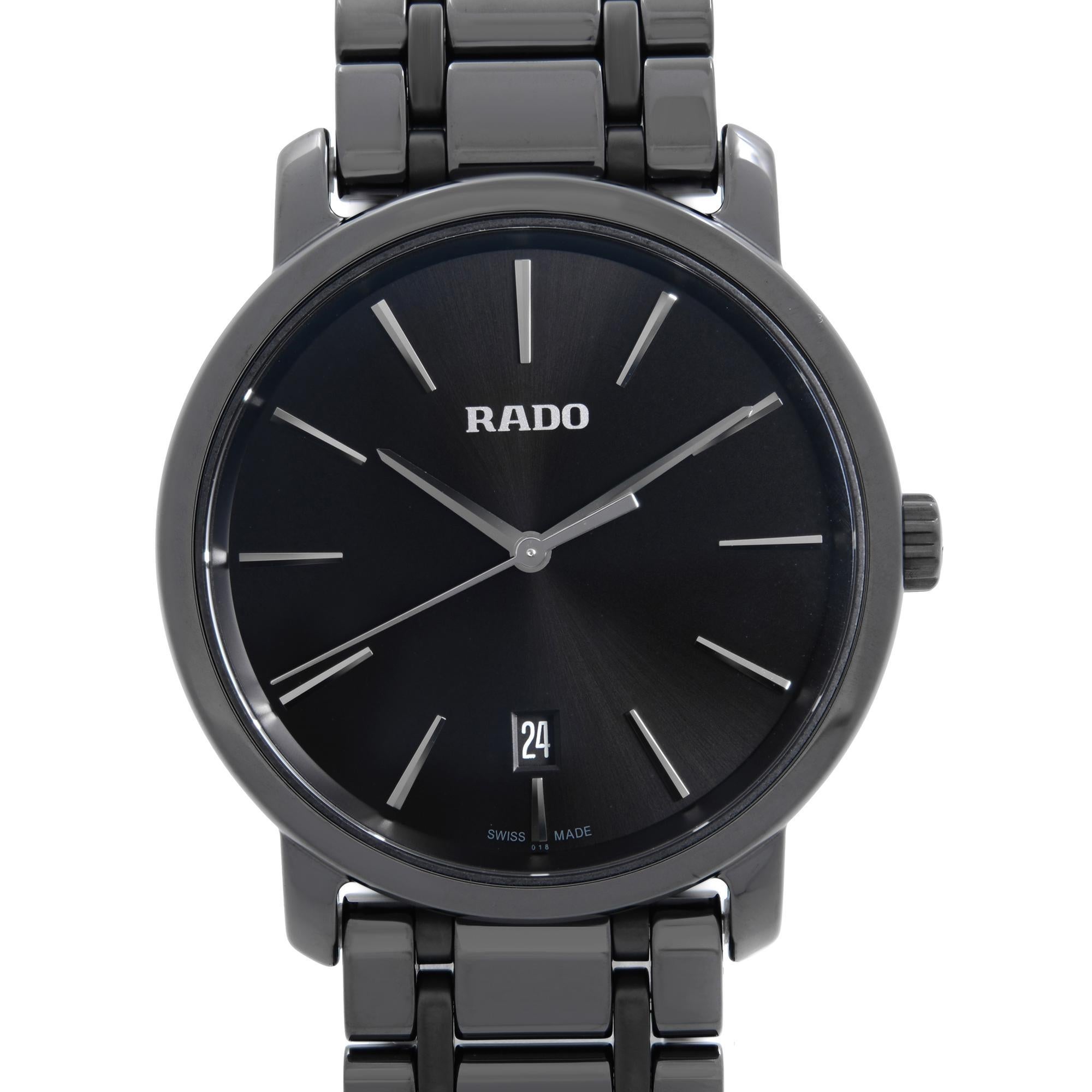Unworn Rado Diamaster 40mm Quartz Men's Watch R14066182. This Beautiful Men's Timepiece is Powered by a Quartz (Battery) Movement and Features: a Black Ceramic Case and Bracelet, Black Dial with Silver-Tone Hands and Index Hour Markers. Date Display