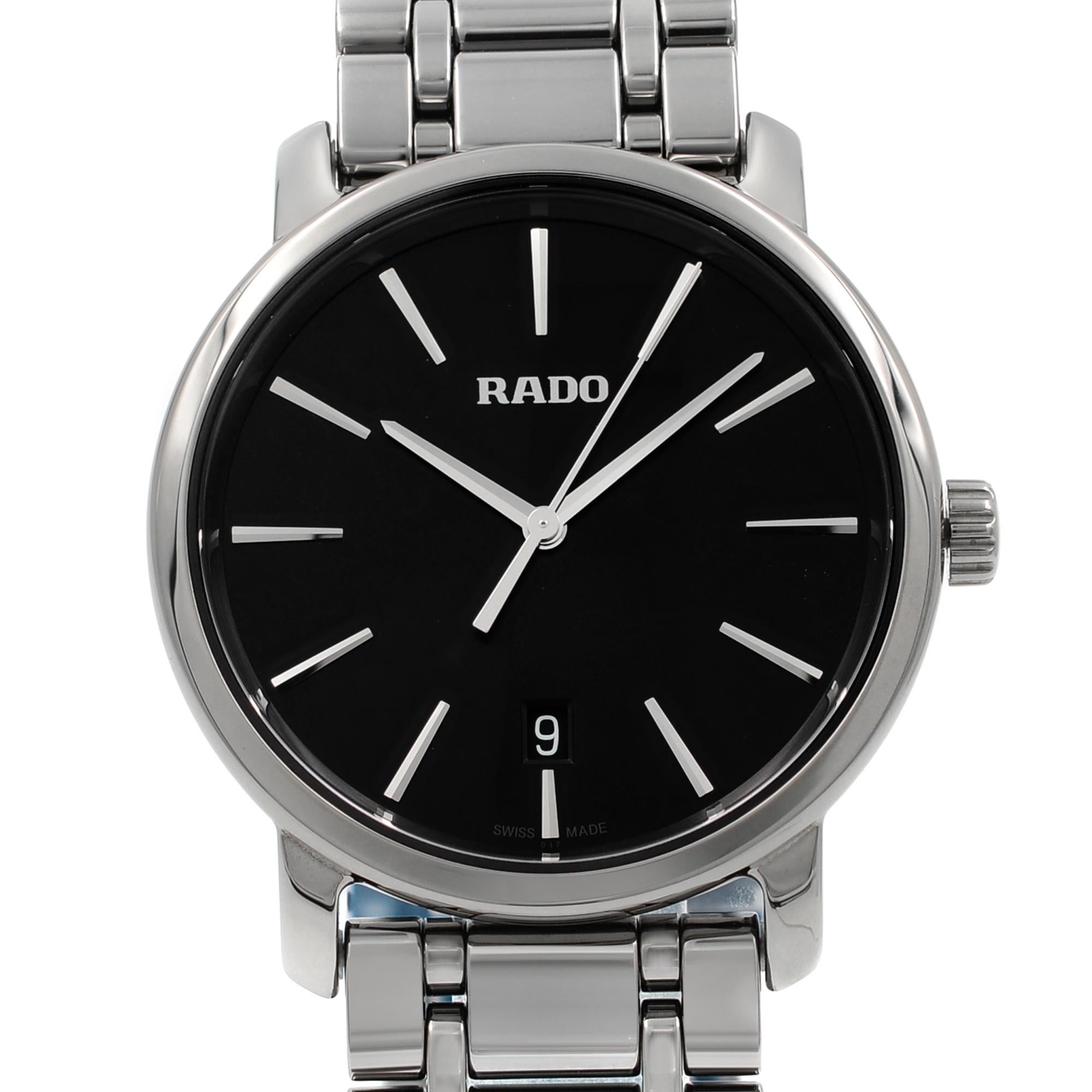Unworn Rado Diamaster R14072177 is a beautiful men's timepiece that is powered by quartz (battery) movement which is cased in a ceramic case. It has a round shape face, a date indicator dial, and has hand sticks style markers. It is completed with a