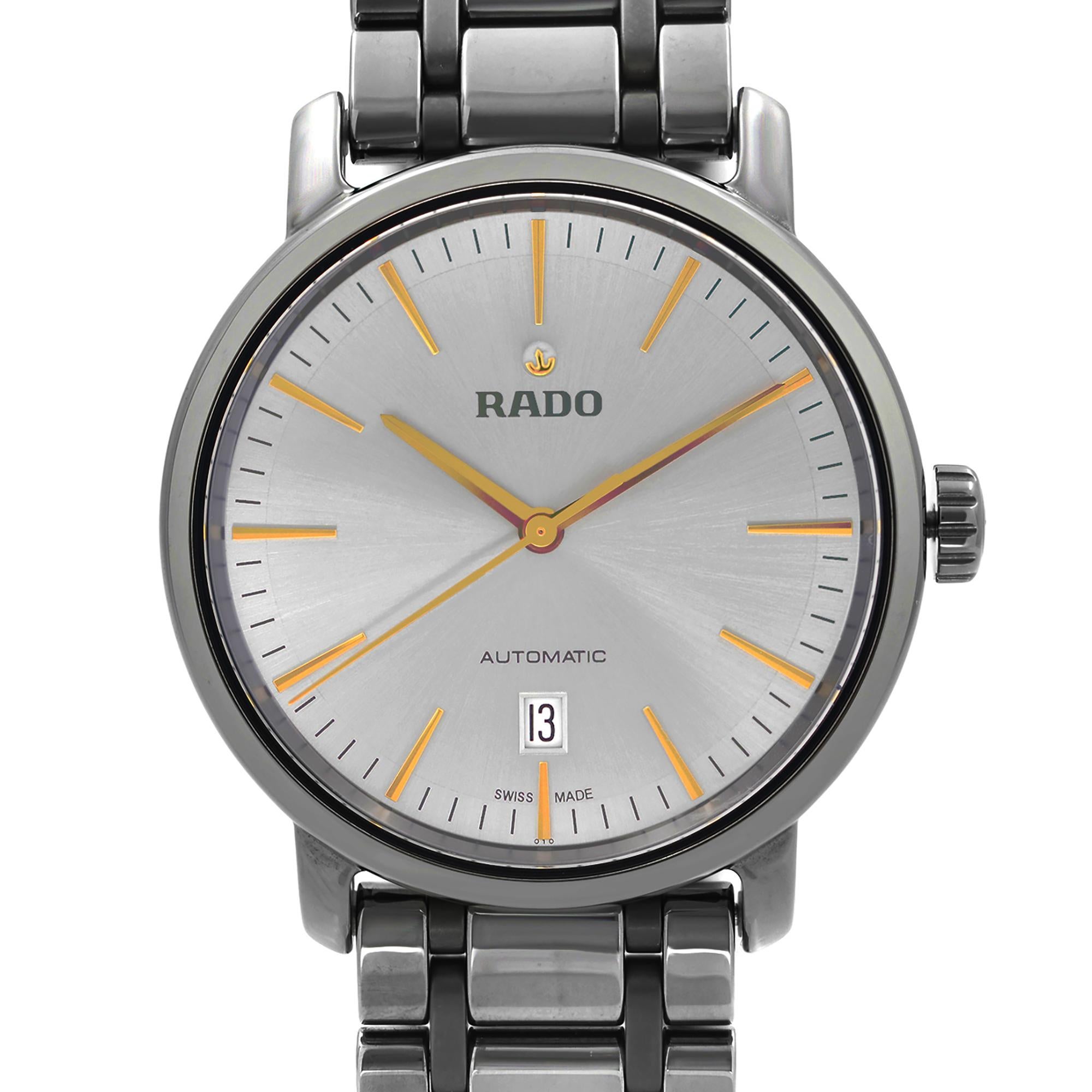 Display Model Rado DiaMaster XL High-Tech Ceramic Silver Dial Automatic Men's Watch R14074102. This Beautiful Timepiece is Powered by Mechanical (Automatic) Movement and Features: High-Tech Ceramic Case & Bracelet. Silver Dial with Rose Gold-Tone