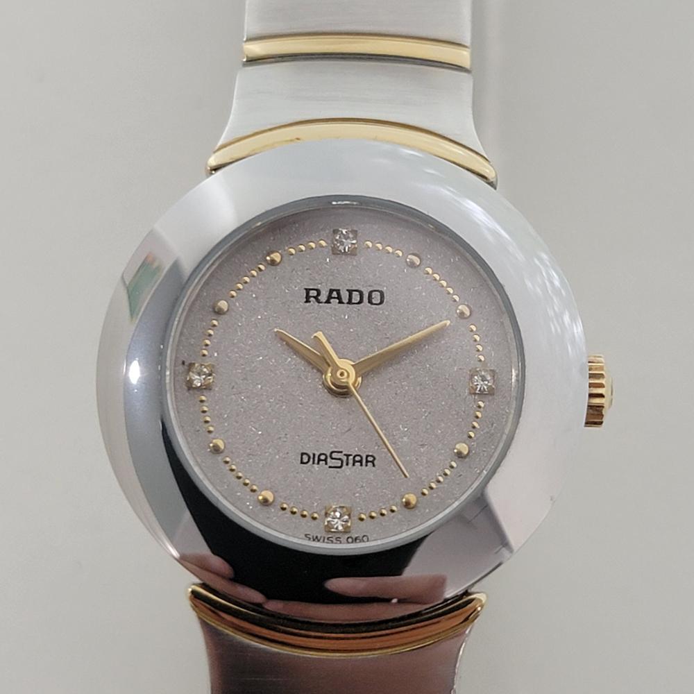 Classic elegance, Ladies Rado Diastar stainless steel, all original, in excellent working condition. Verified authentic by a master watchmaker. Gorgeous Rado signed dial, applied droplet and diamond index hour markers, gilt minute and hour hands,