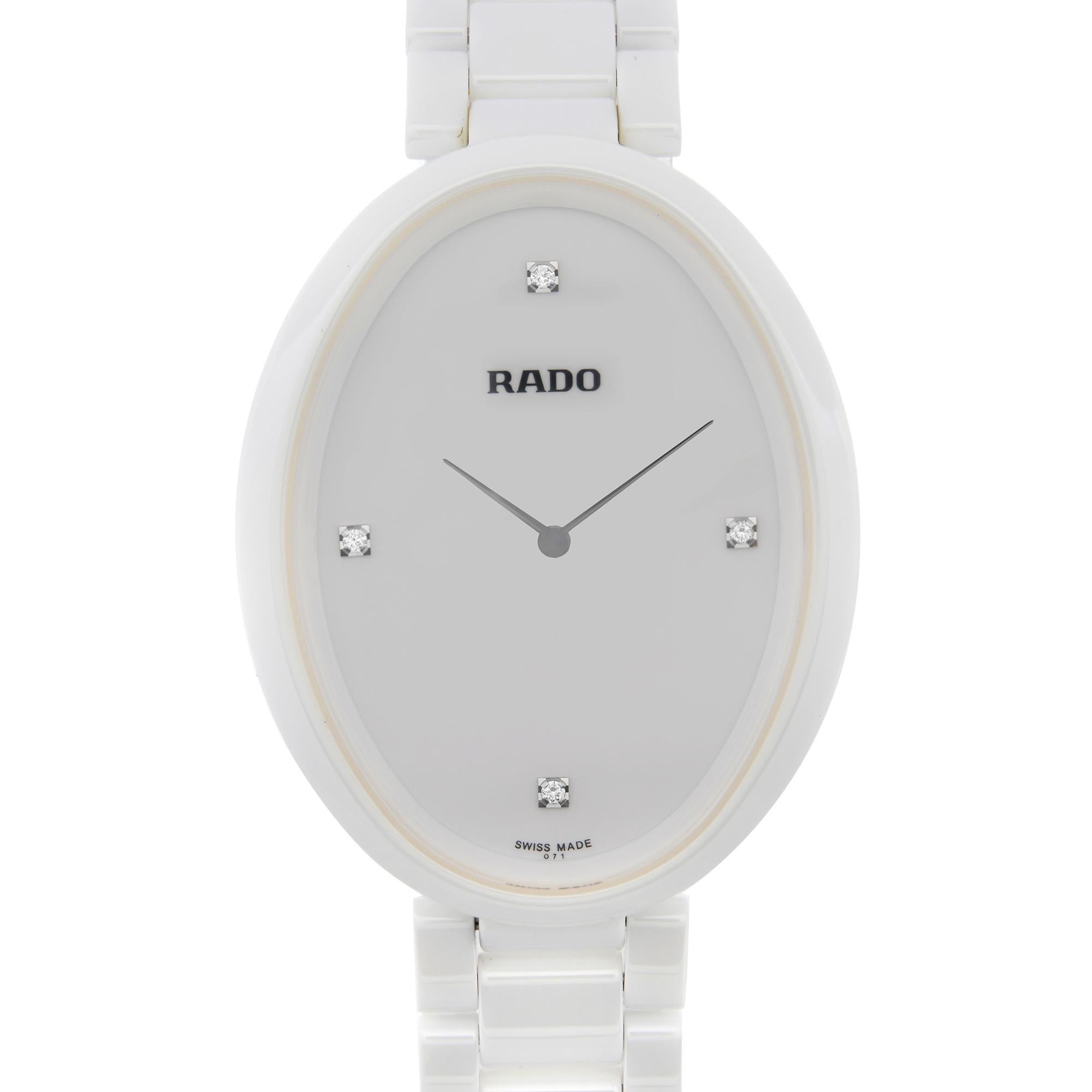 Unworn Rado Esenza Ceramic Touch Quartz Watch R53092712. This Ladies Timepiece is Powered by a Quartz (Battery) Movement and Features: White Ceramic Case and Bracelet, Fixed White Ceramic Bezel, White Dial with Silver-Tone Hands And Diamond Hour