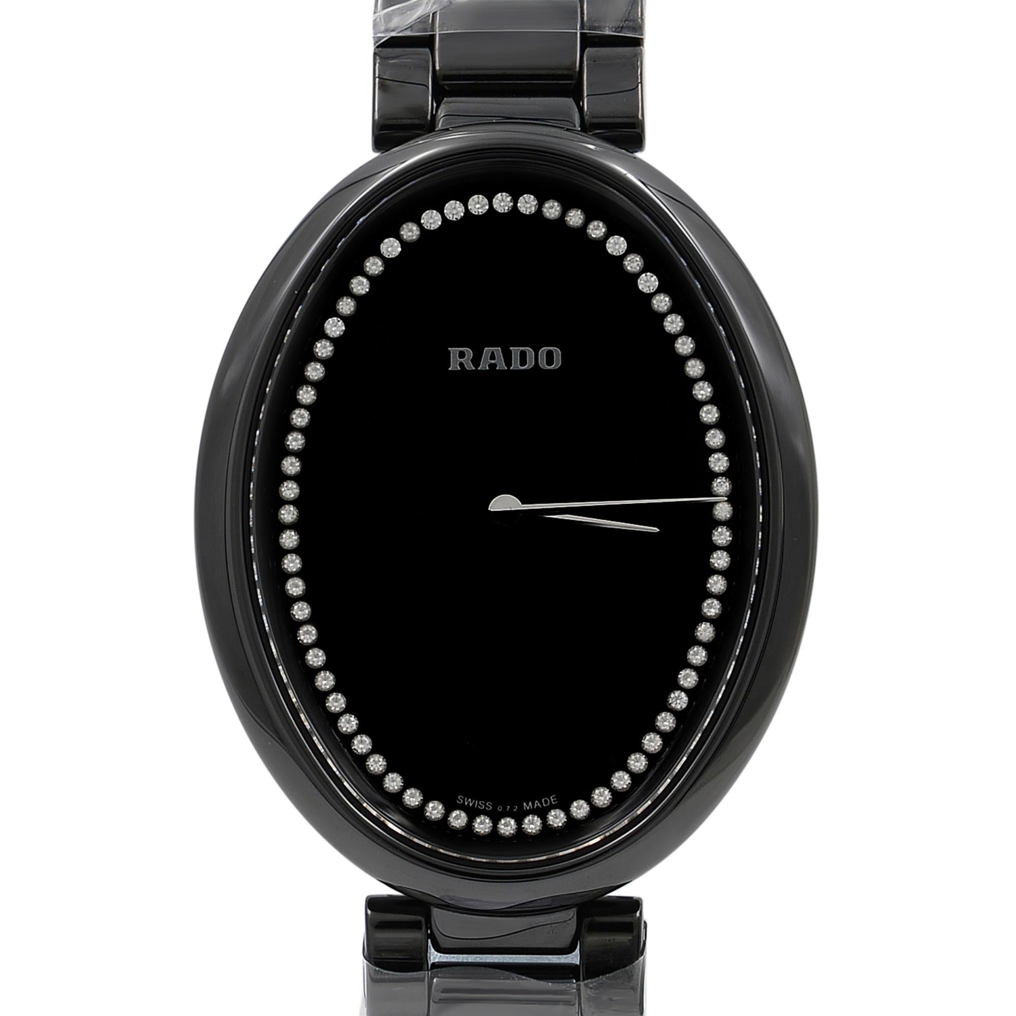 This brand new Rado Esenza R53093722 is a beautiful Ladies timepiece that is powered by a quartz movement which is cased in a ceramic case. It has a oval shape face, diamonds dial and has hand diamonds, unspecified style markers. It is completed