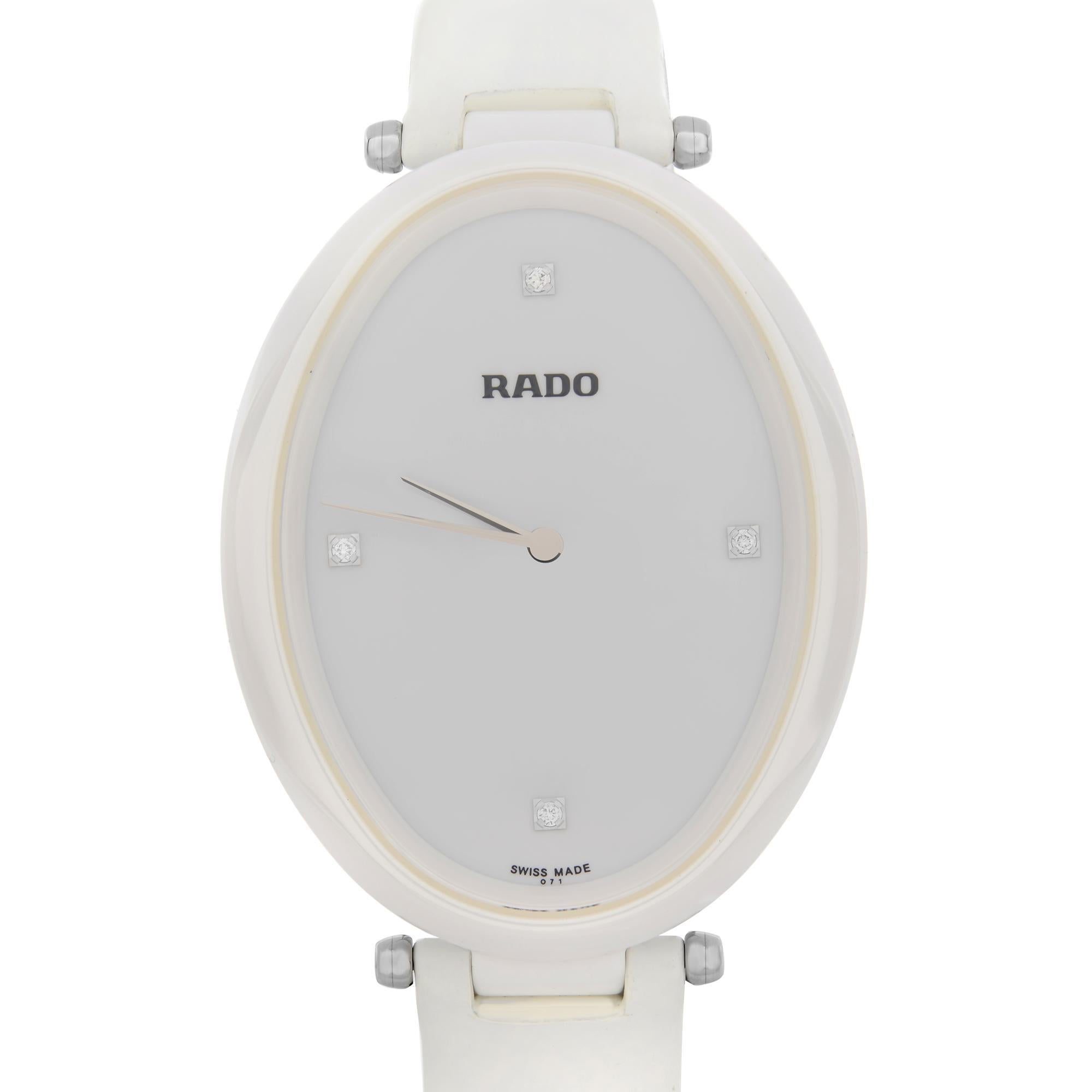 New with Defects Rado Essenza Ceramic Leather White Diamond Dial Ladies Quartz Watch R53092715. Minor Blemish and Damages around Adjustable Holes on the Leather Strap during handling and display. This Ladies Timepiece is Powered by a Quartz