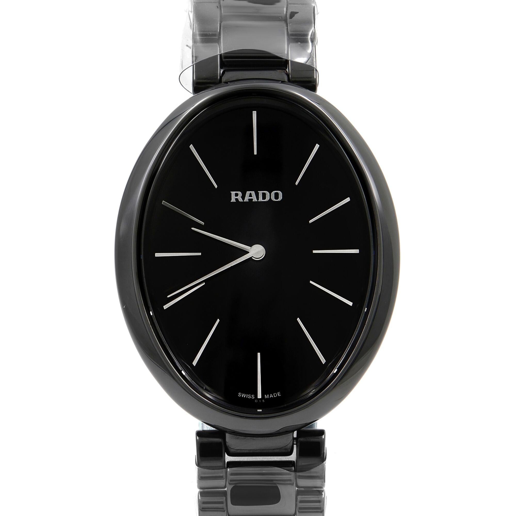 This brand new Rado Esenza R53093152 is a beautiful Ladie's timepiece that is powered by quartz (battery) movement which is cased in a ceramic case. It has a oval shape face,  dial and has hand sticks style markers. It is completed with a ceramic