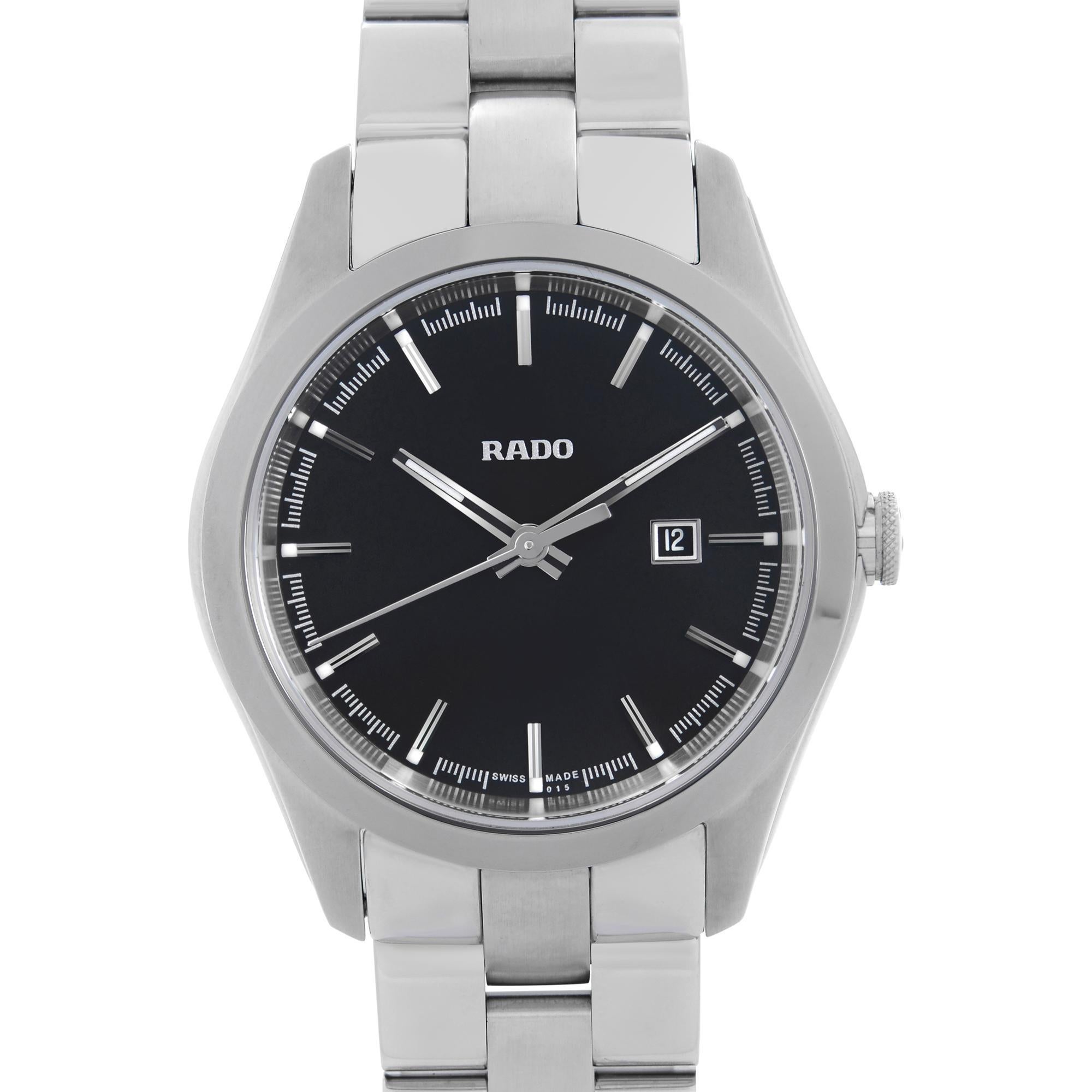 Unworn Rado Hyperchrome 31mm Quartz Watch R32110153. This Beautiful Ladies Timepiece is Powered By a Quartz Movement (Battery) and Features: Stainless Steel Case and Bracelet, Fixed Silver-Tone Ceramic Bezel, Black Dial with Luminous Silver-Tone