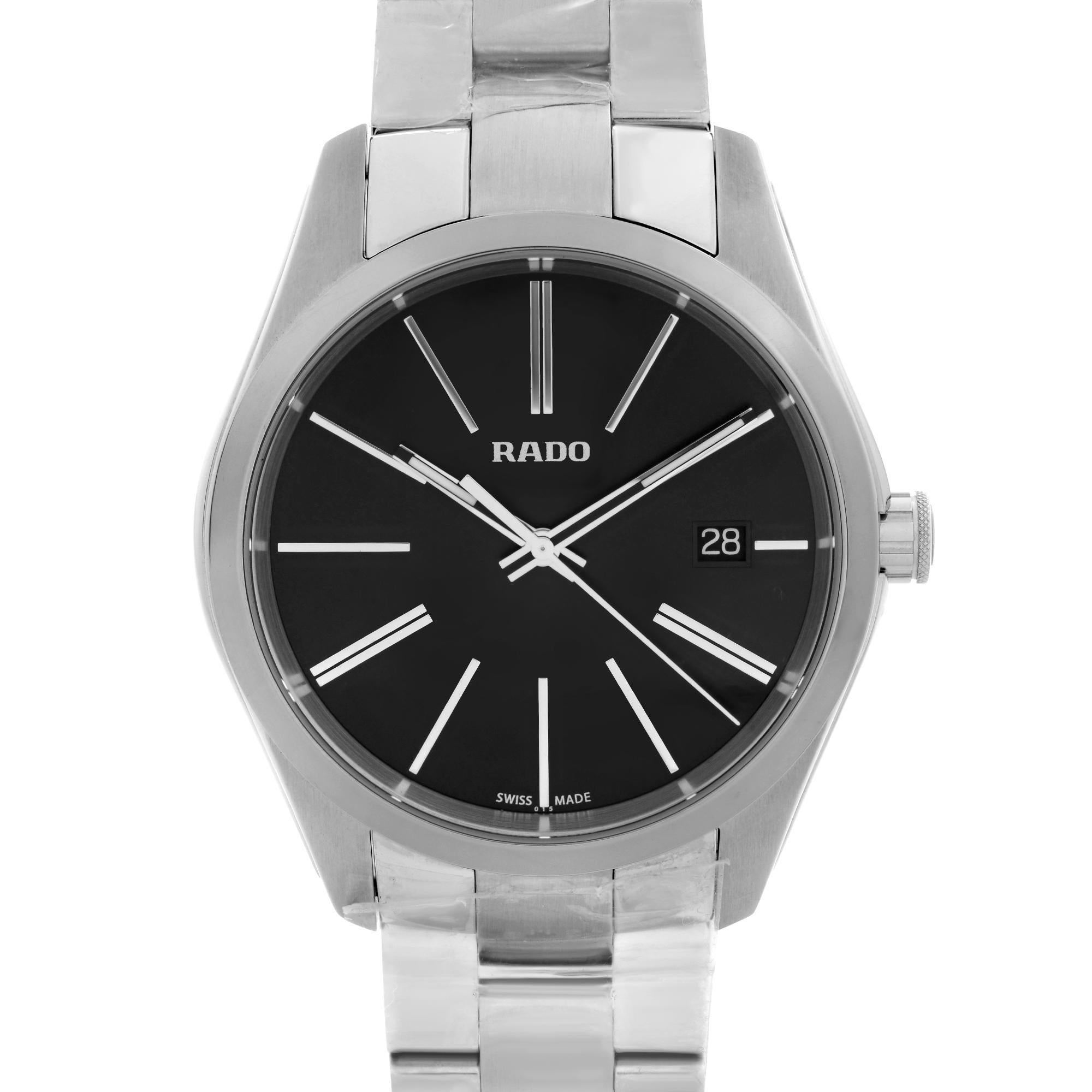 Unworn Rado Hyperchrome 40mm Steel Ceramic Date Black Dial Mens Quartz Watch R32297153. This Beautiful Men's Timepiece Powered By a Quartz Movement and Features: Stainless Steel Case and Bracelet, Fixed Silver-Tone Ceramic Bezel, Black Dial with