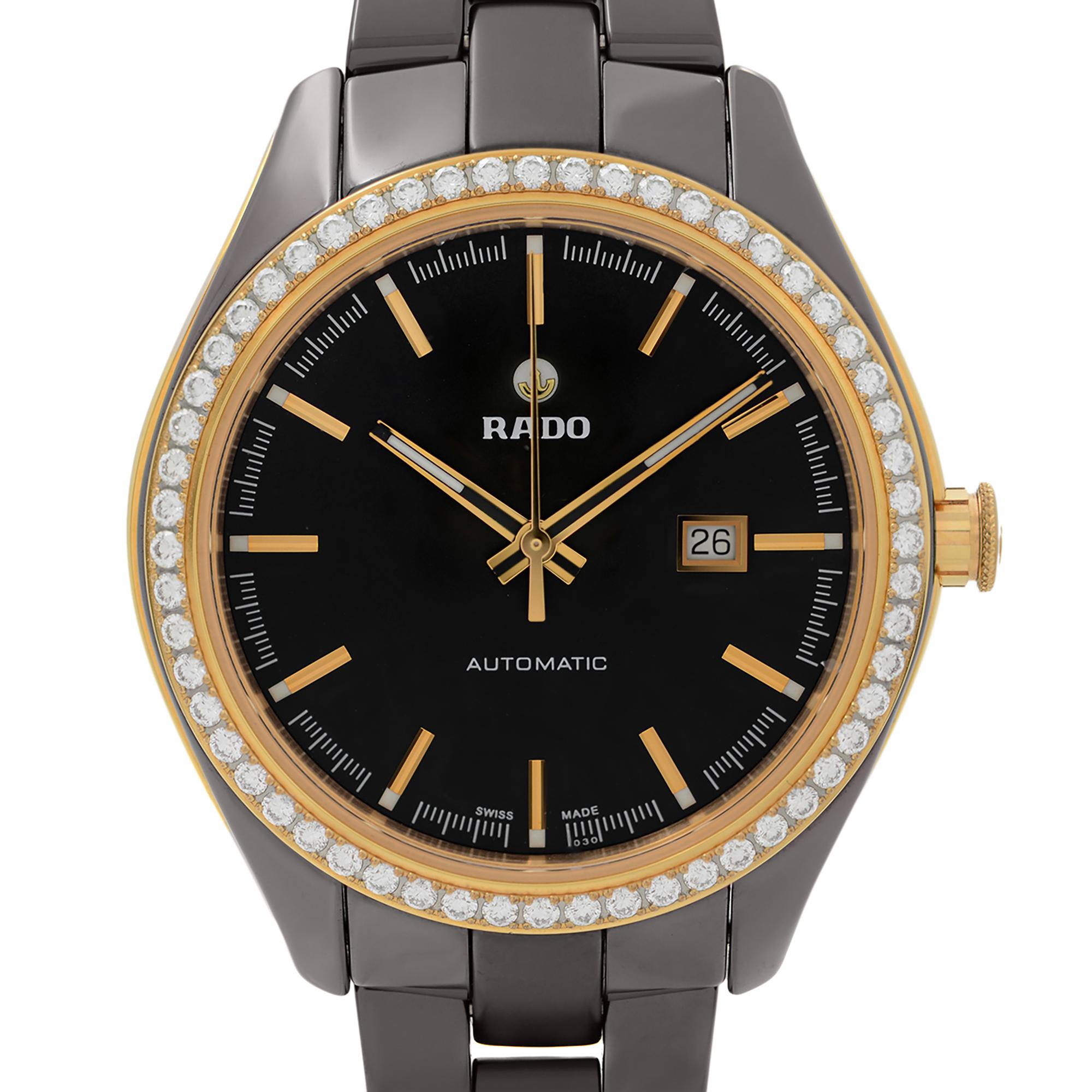 Display Model Rado HyperChrome Limited Edition 36mm Brown Ceramic Diamonds Bezel Automatic Unisex Watch R32177302. This Beautiful Timepiece is Powered by Mechanical (Automatic) Movement and Features: Brown Ceramic Case and Bracelet, Fixed Gold-Tone