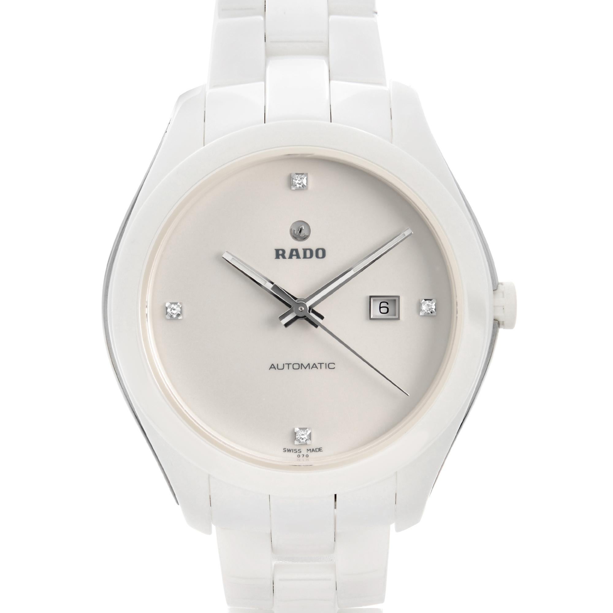 Display Model Rado Hyperchrome Ceramic White Diamond Dial Automatic Ladies Watch R32258702 This Ladies Timepiece is Powered by an Automatic Movement and Features: High-Tech White Ceramic Case and Bracelet, Fixed White Ceramic Bezel, White Dial with