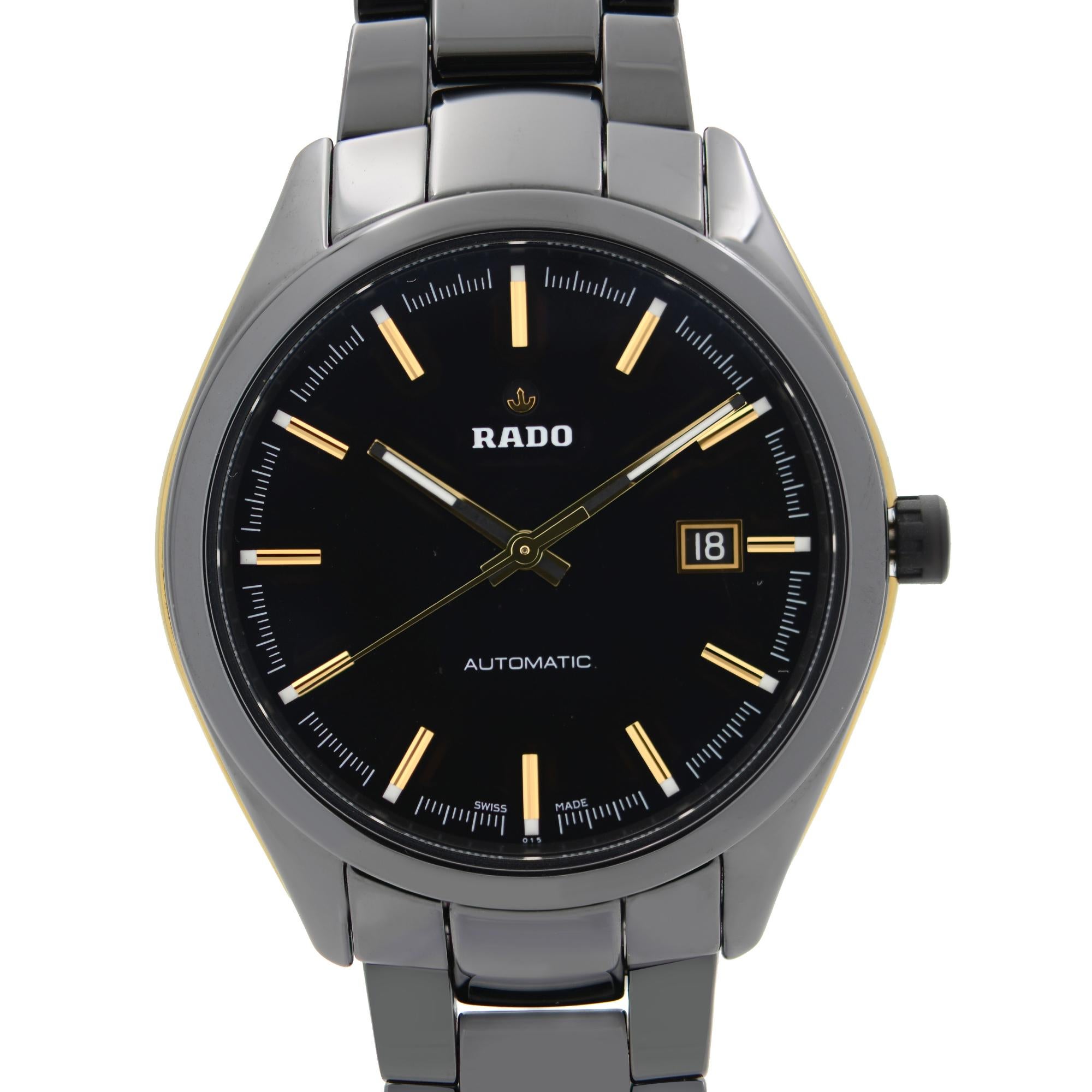 Pre-owned Rado HyperChrome High-Tech Ceramic Steel Black Dial Automatic Men's Watch R32253152. The Watch has Tiny Scratches on Gold Tone Parts. No Original Box and Papers are Included. Comes with Chronostore Presentation Box and Authenticity Card.