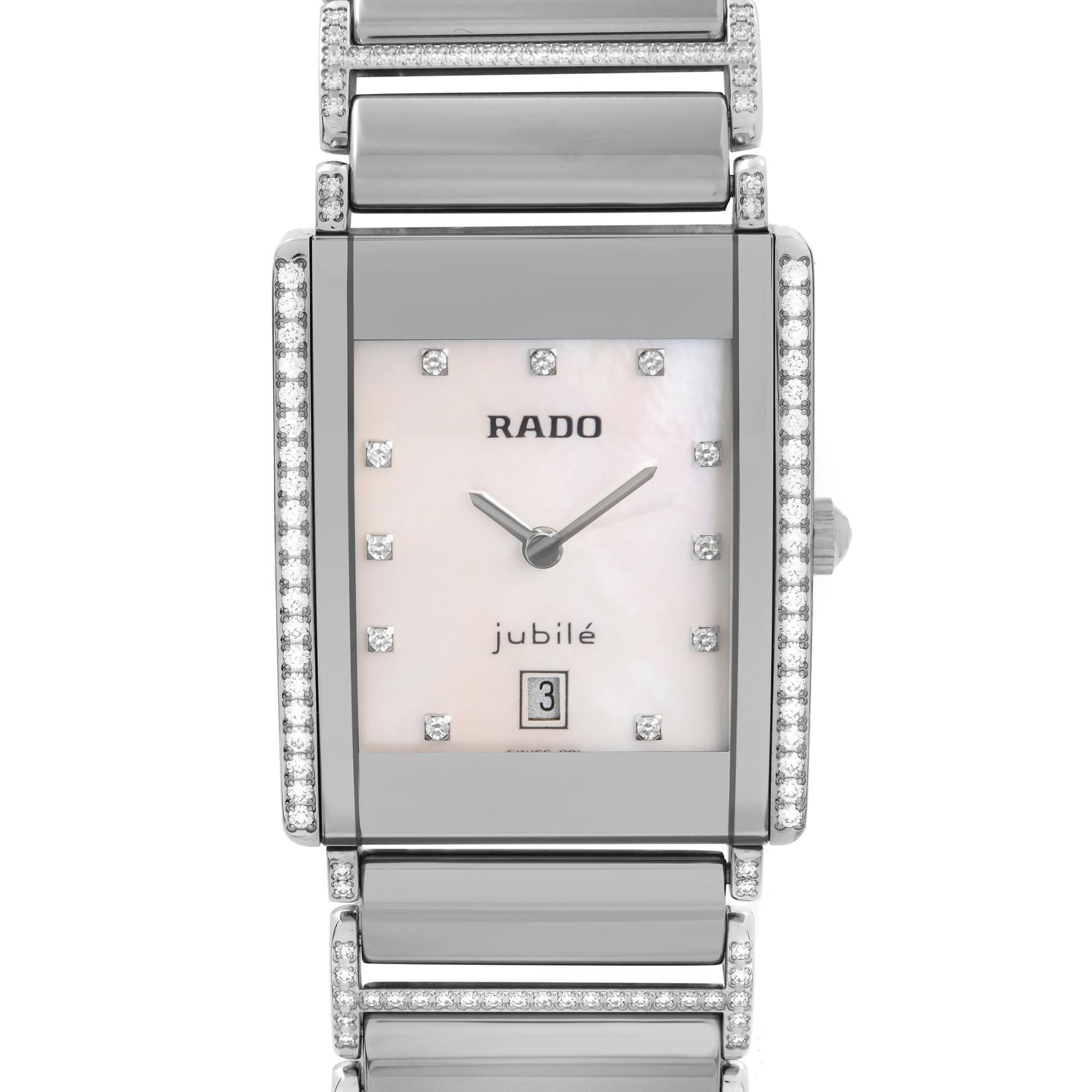 MSRP $9100. OUR PRICE $4200

Unworn Rado Integral Ladies Watch R20671919. This Beautiful Lady's Timepiece Is Powered by a Quartz (Battery) Movement and Features: Silvers-Tone Ceramic and Stainless Steel Case and Silvers-Tone Ceramic and Stainless