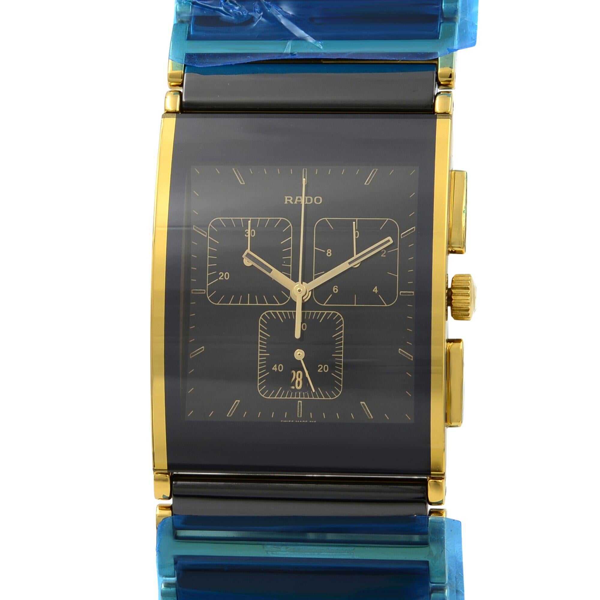 This brand new Rado Integral R20851162 is a beautiful men's timepiece that is powered by a quartz movement which is cased in a stainless steel case. It has a  rectangle shape face, chronograph, chronograph hand, date, small seconds subdial dial and
