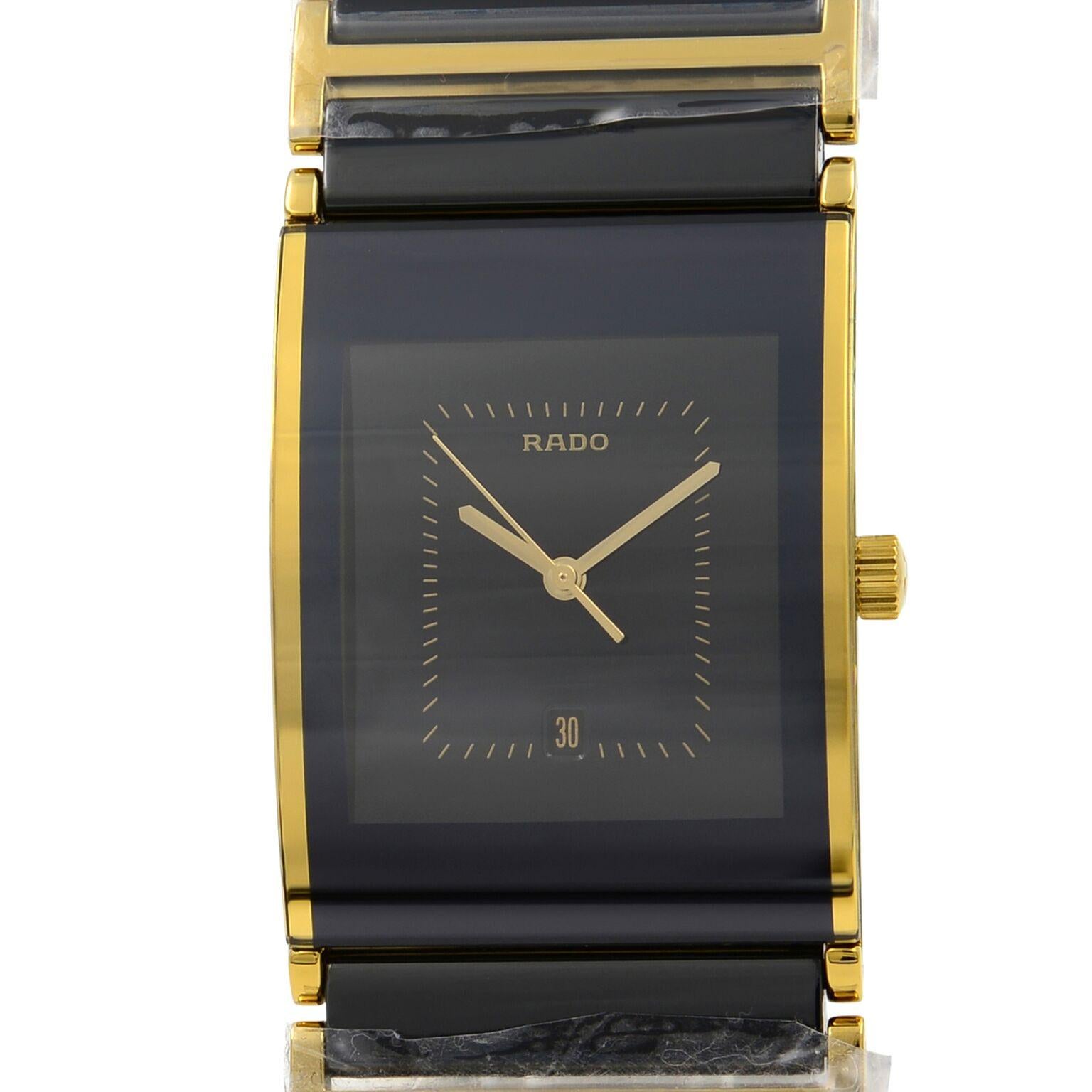 This brand new Rado Integral R20787402 is a beautiful men's timepiece that is powered by quartz (battery) movement which is cased in a stainless steel case. It has a  rectangle shape face, date indicator dial and has hand sticks, unspecified style