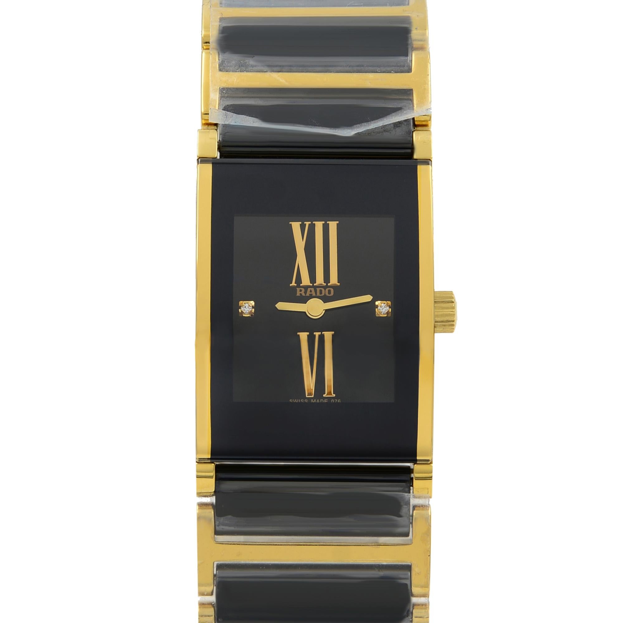 This brand new Rado Integral R20789762 is a beautiful Ladies timepiece that is powered by a quartz movement which is cased in a stainless steel case. It has a round shape face, diamonds dial and has hand diamonds, unspecified style markers. It is