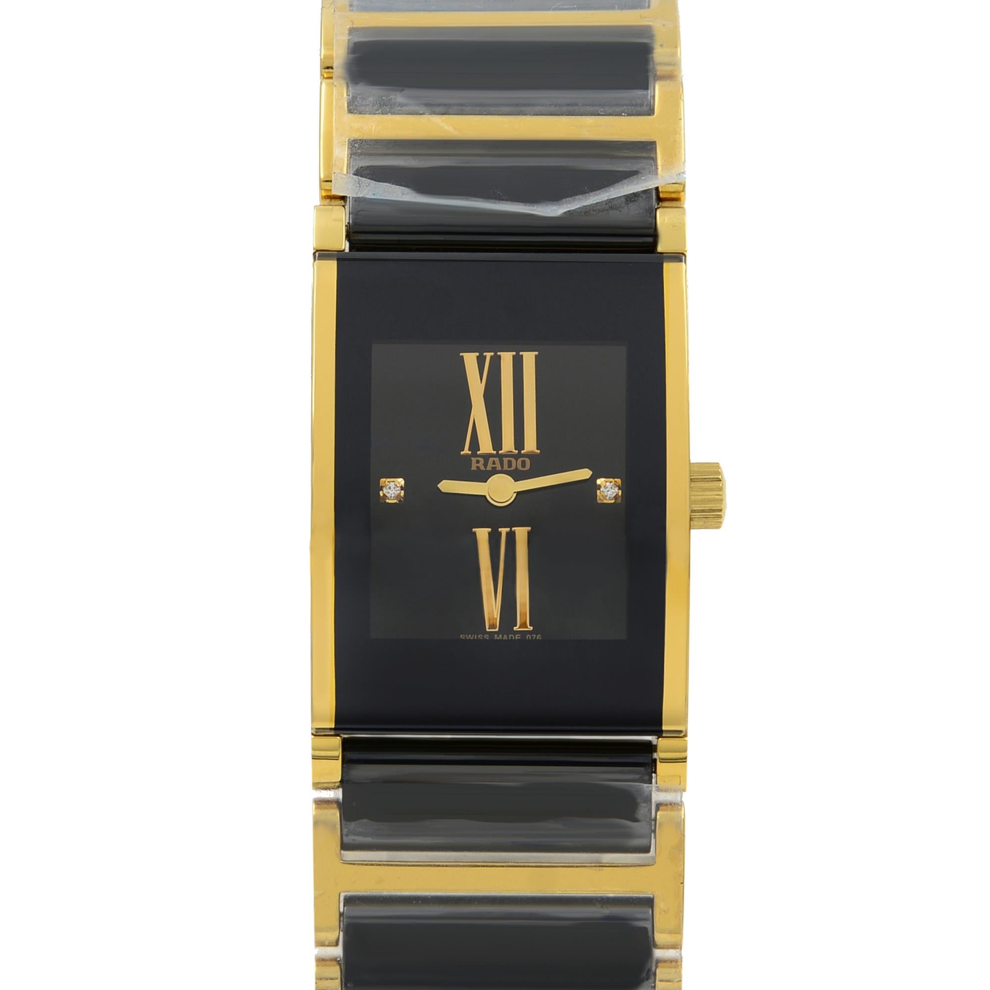 Unworn Rado Integral Jubile Black Dial Steel Ceramic Ladies Quartz Watch R20789762. This Beautiful Ladies Timepiece Is Powered by a Quartz (Battery) Movement and Features: Gold-Tone and Black Ceramic Case and Bracelet. Fixed Bezel, Black Dial with