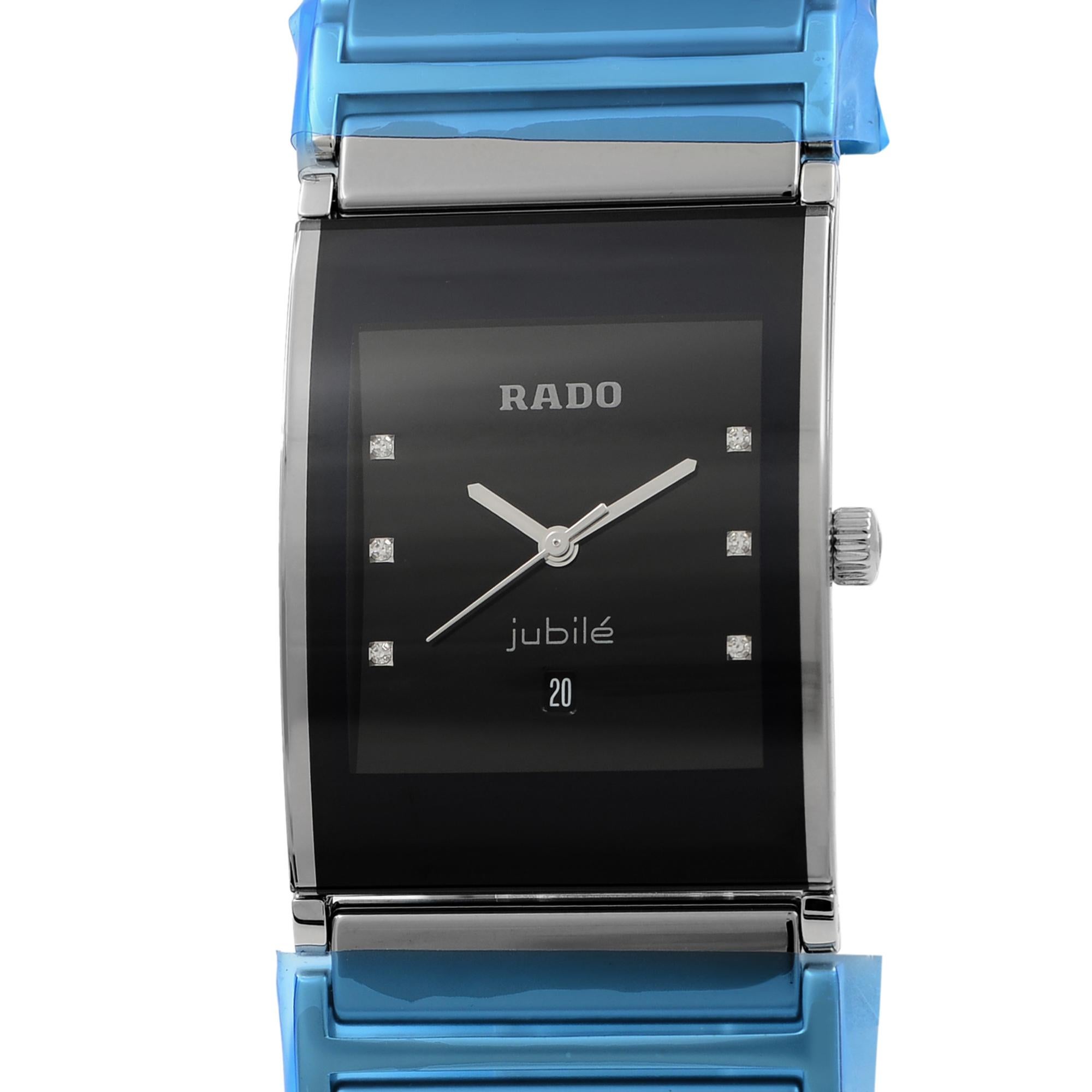 This brand new Rado Integral R20784759 is a beautiful men's timepiece that is powered by a quartz movement which is cased in a stainless steel case. It has a  rectangle shape face, date dial and has hand diamonds, unspecified style markers. It is