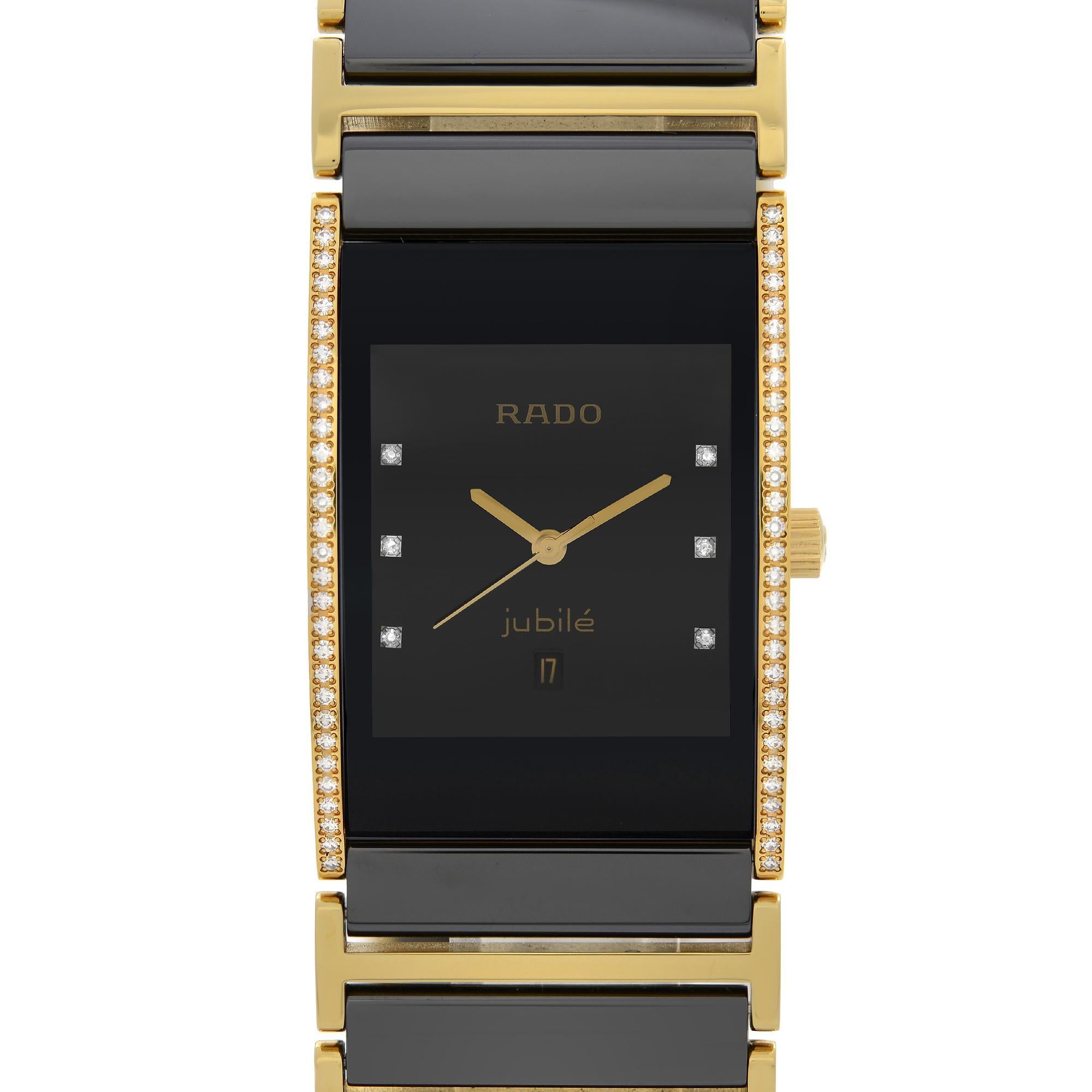 New with Defects Rado Integral Jubile Quartz Unisex Watch R20751752. The Watch has Hairline Scratches on the Case Due to Storing. This Beautiful Ladies Timepiece Is Powered by a Quartz (Battery) Movement and Features: Gold-Tone and Black Ceramic