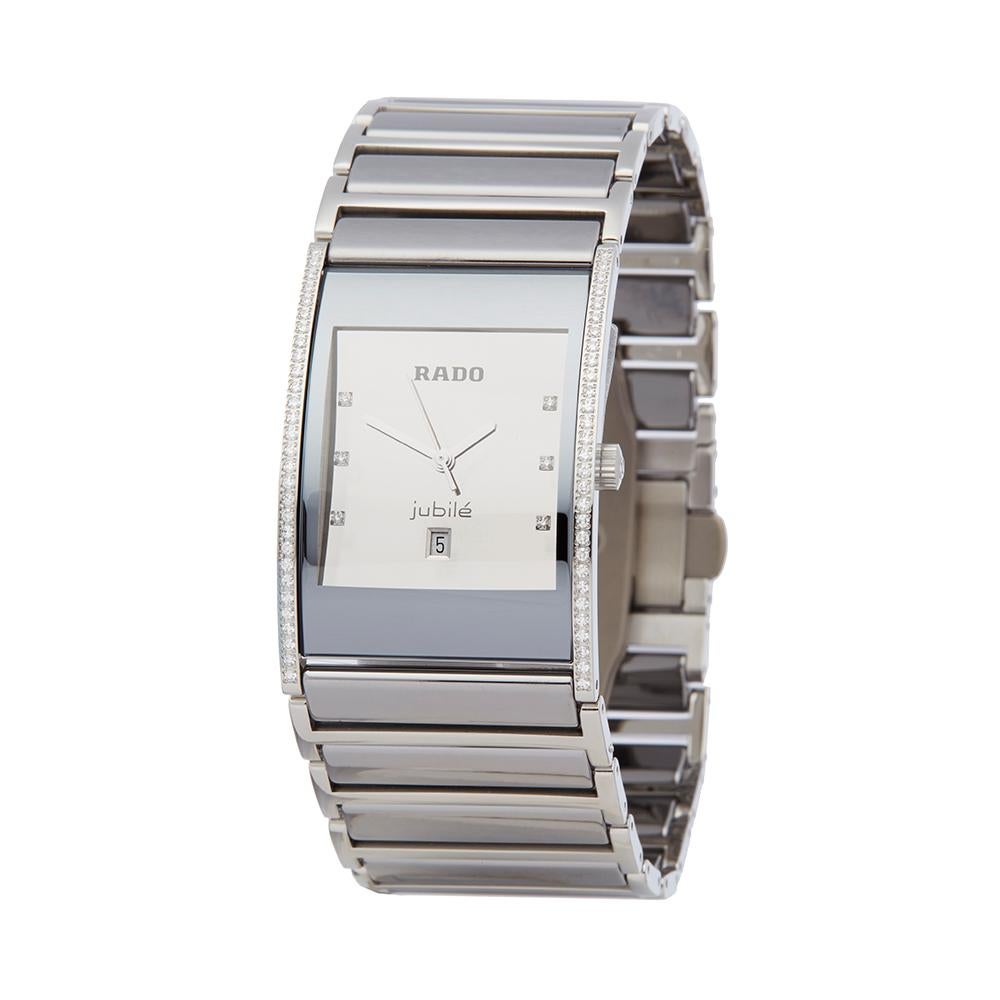 Ref: W5602
Manufacturer: Rado
Model: Integral
Model Ref: R20731712
Age: 
Gender: Ladies
Complete With: Box, Manuals & Guarantee
Dial: Silver Diamonds
Glass: Sapphire Crystal
Movement: Quartz
Water Resistance: To Manufacturers Specifications
Case: