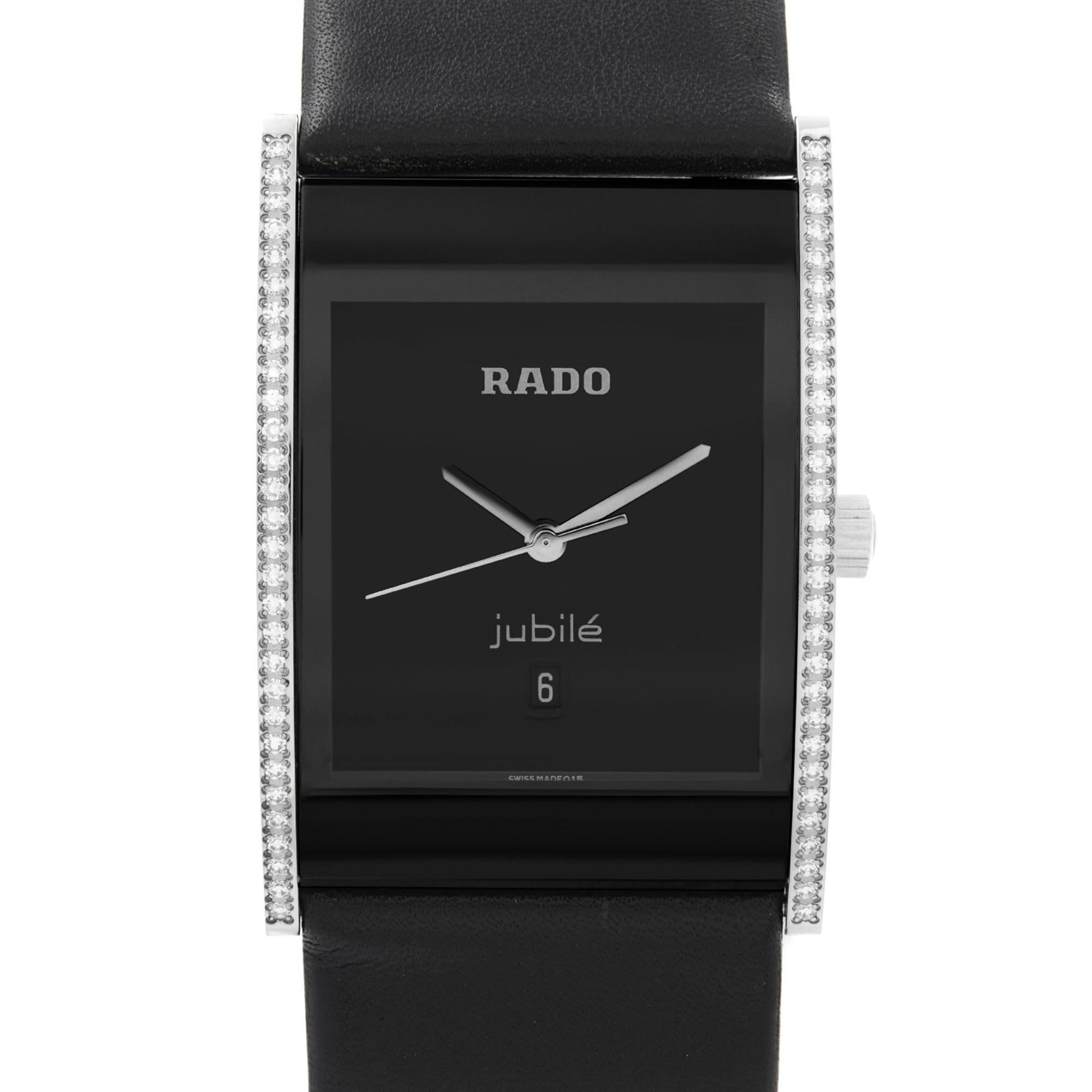 Display Model Rado Integral Steel Ceramic Diamond Black Dial Ladies Quartz Watch R20757155. This Beautiful Ladies Timepiece Is Powered by a Quartz (Battery) Movement and Features: Ceramic and Stainless Steel Case and Black Leather Strap. Fixed