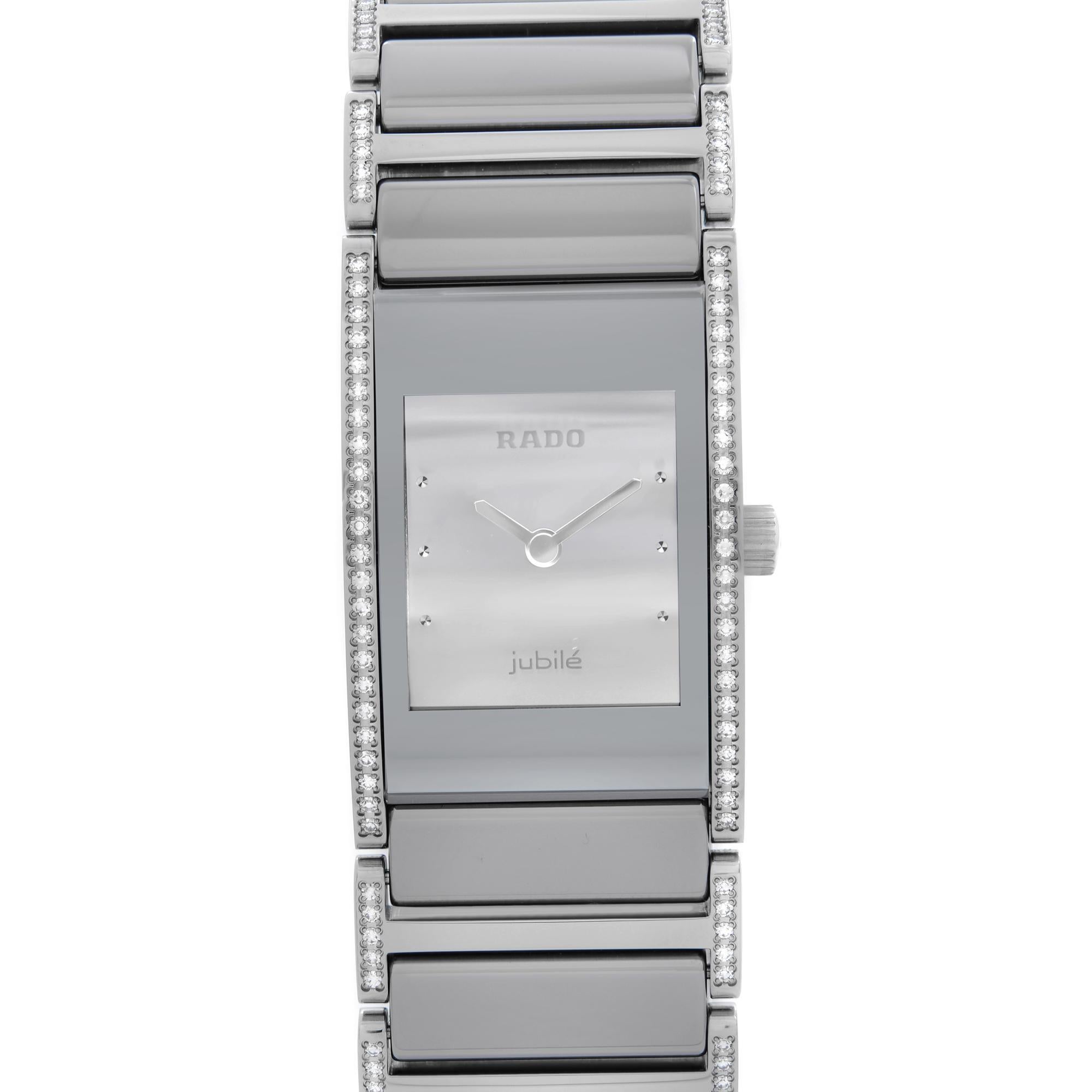 Display Model Rado Integral Steel Ceramic Diamond Silver Dial Ladies Quartz Watch R20733122. This Beautiful Ladies Timepiece Is Powered by a Quartz (Battery) Movement and Features: Stainless Steel Case and Bezel set with 46 Diamonds (0.13 ct.) and