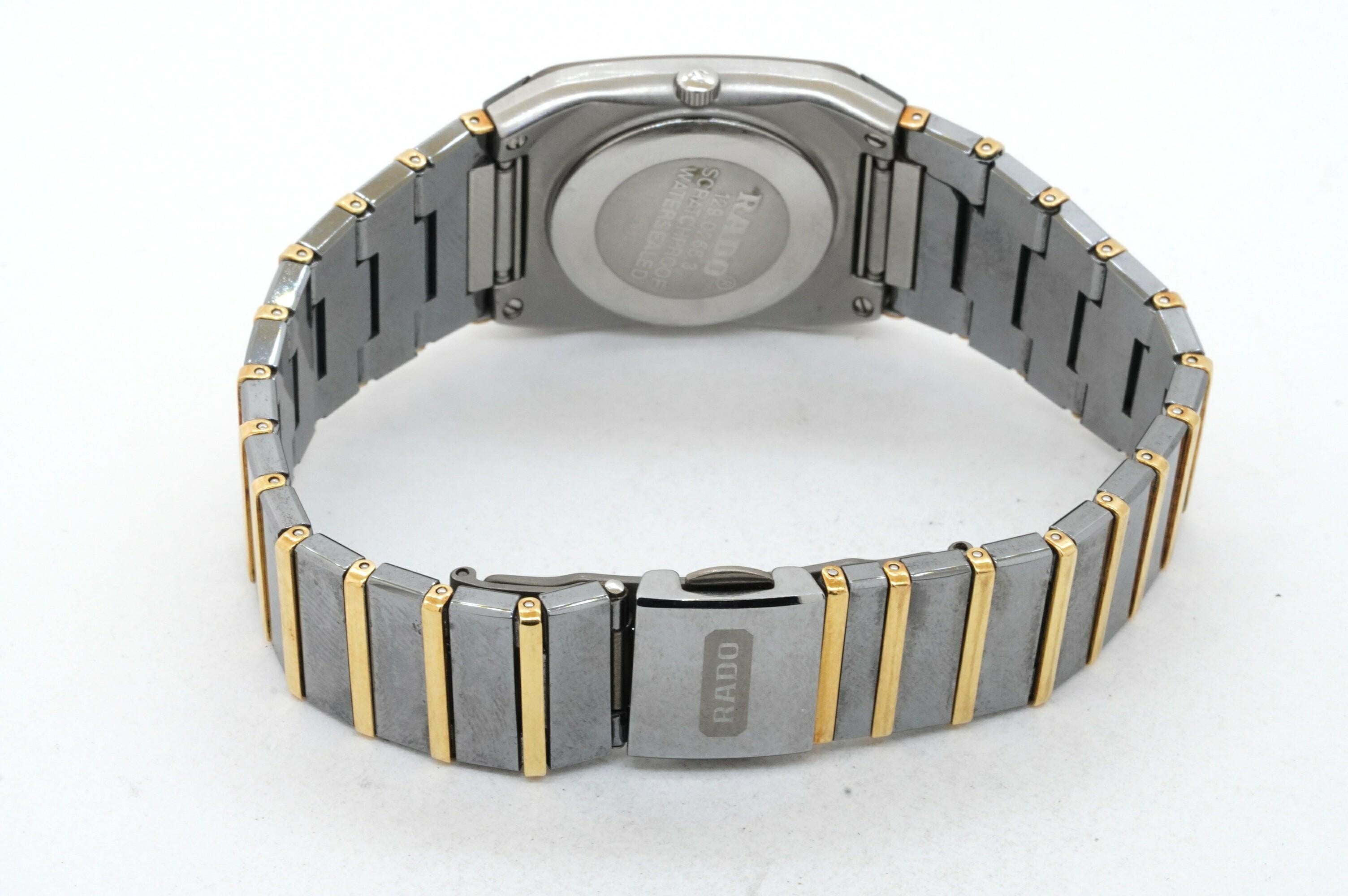 Rado Jubile 2-tone Stainless steel high fashion quartz men's watch w/ date. This intriguing watch is crafted in beautiful 2-tone Stainless steel construction and features fine quality Swiss quartz movement. This watch has an elegant looking Black