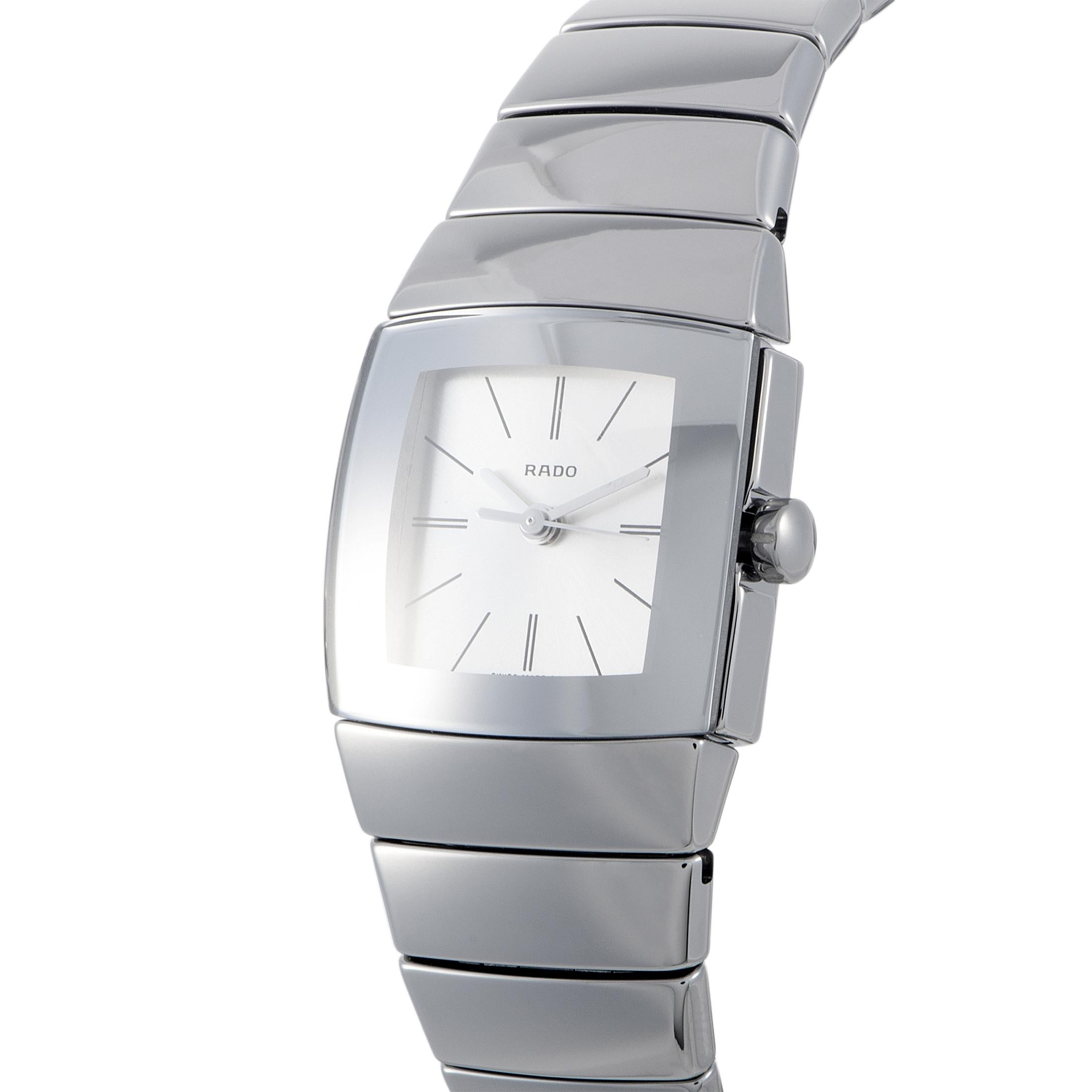 The Rado Montres Sintra watch, reference number R13722122/01.318.0722.3.012, is presented with a high-tech ceramic case that is mounted onto a matching high-tech ceramic bracelet. On the white dial, hours, minutes and seconds are indicated via three
