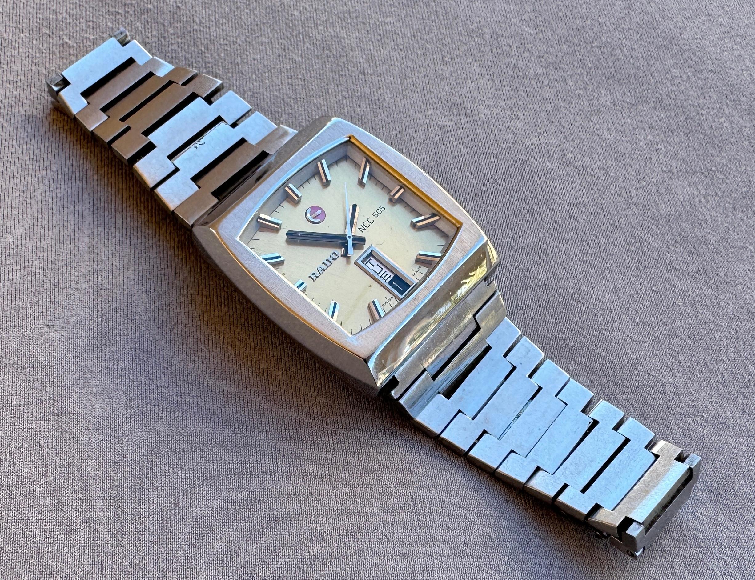 De los hombres Rado NCC 505 Automatic Day & Date Calendar TV Style Rare Dial Stainless Watch en venta