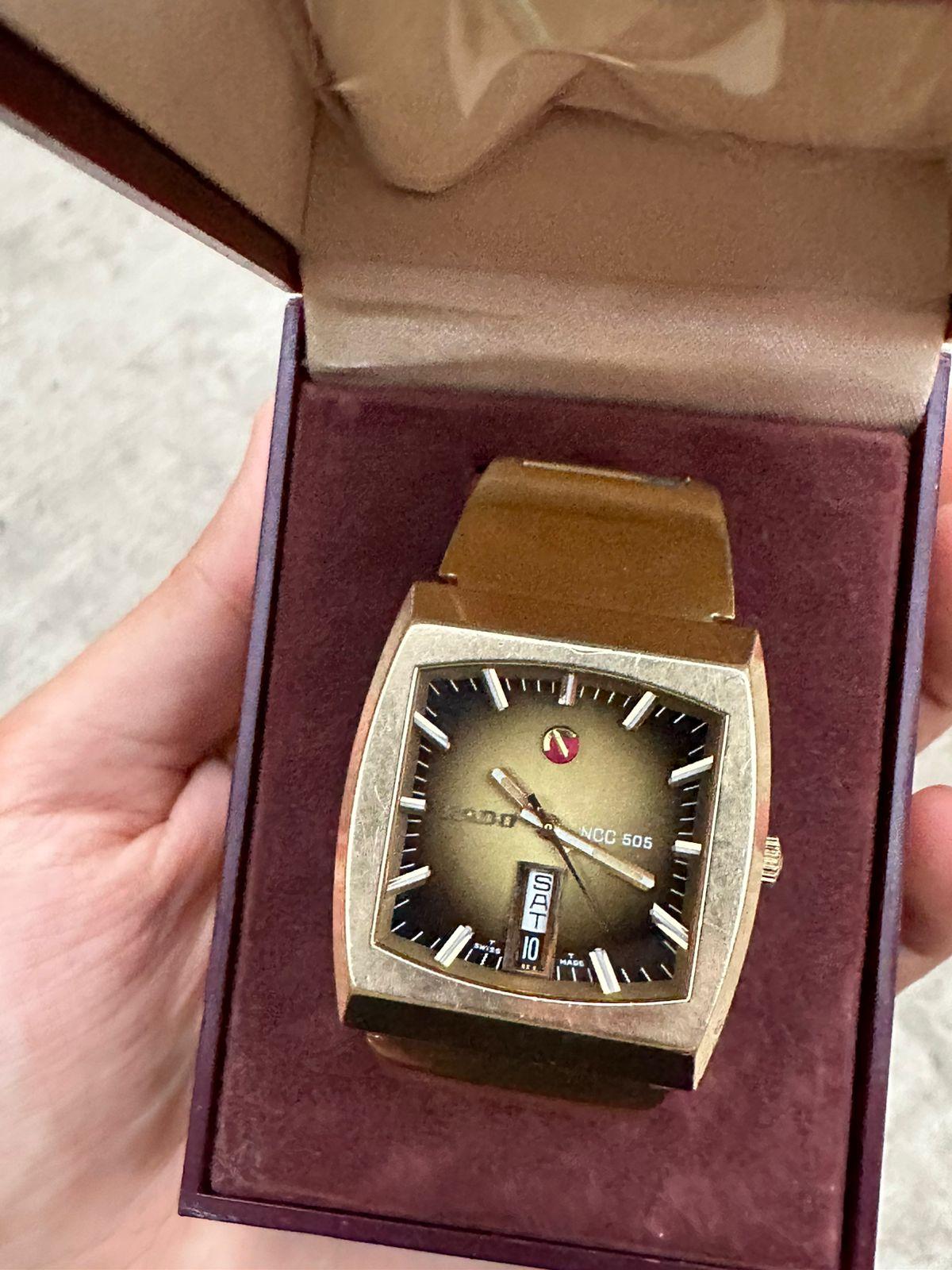 Brand: Rado

Model: Ncc 505

Country Of Manufacture: Switzerland

Movement: Automatic 

Case Material: Gold Plated Stainless steel

Measurements : Case width: 36 mm. (without crown) x 38 mm

Band Type : Gold Plated Stainless steel

Band Condition :