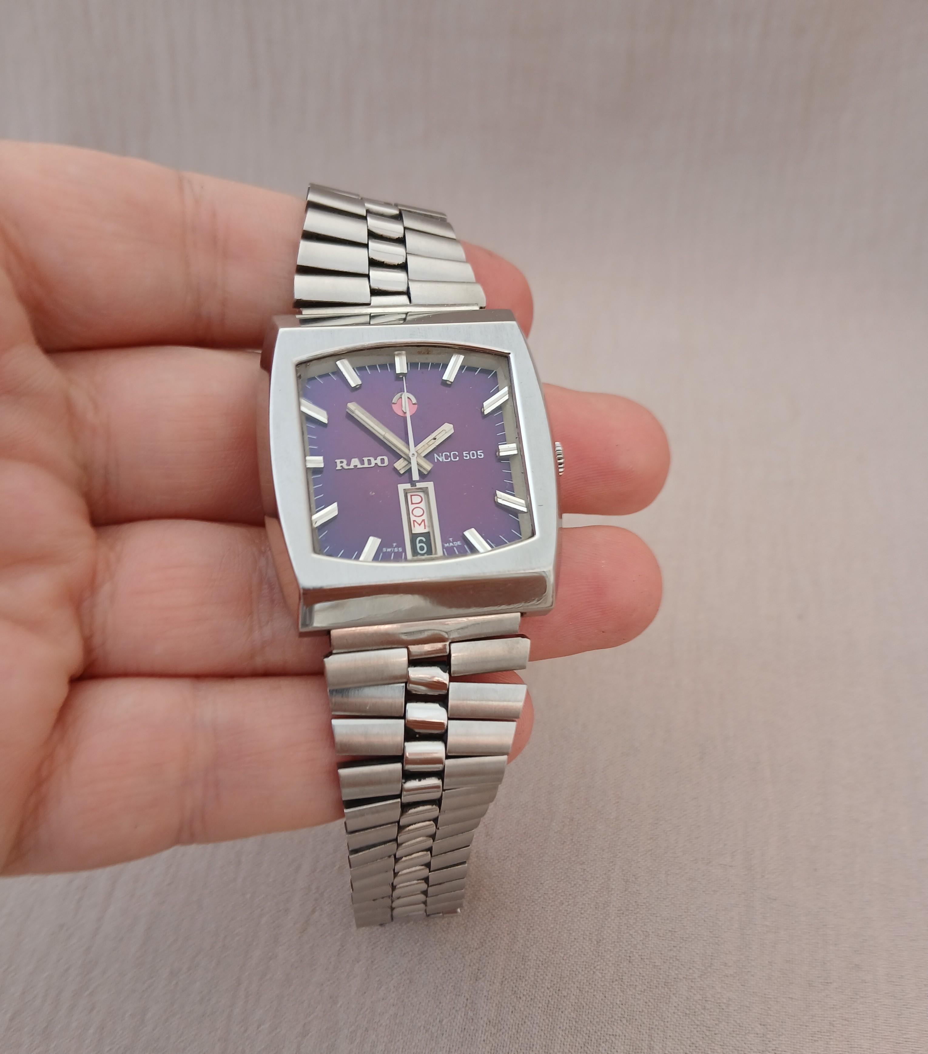 RADO Ncc 505 Silver Square Quadrante Viola Orologio Automatico Uomo in vendita 2