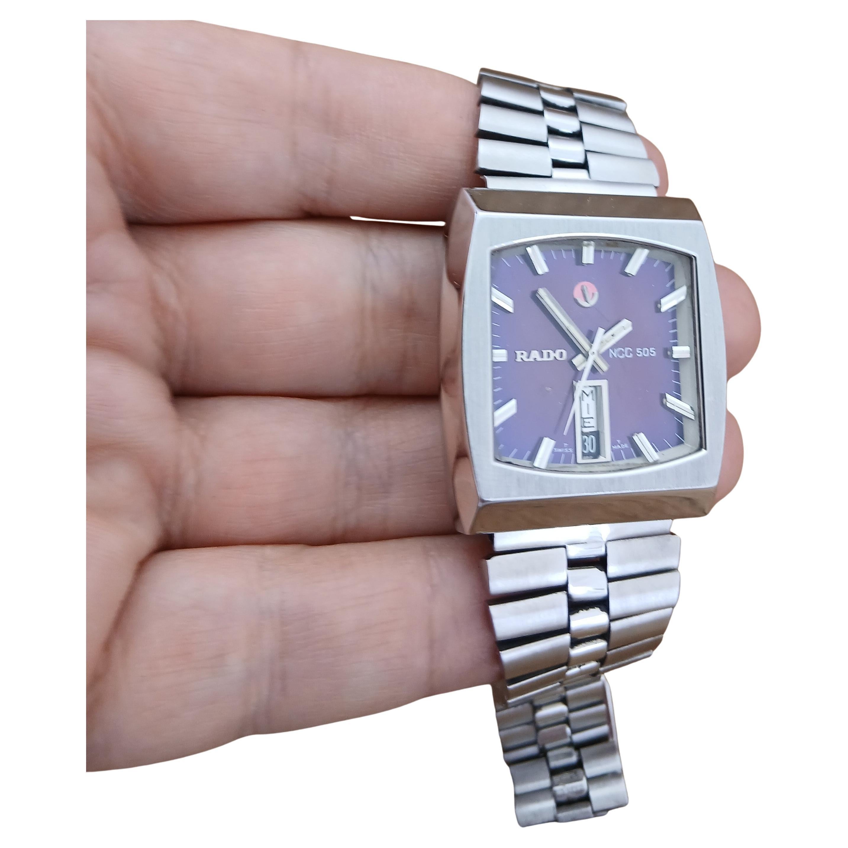 Rado Ncc 505 Plata Cuadrado Esfera Violeta Reloj Automático Hombre