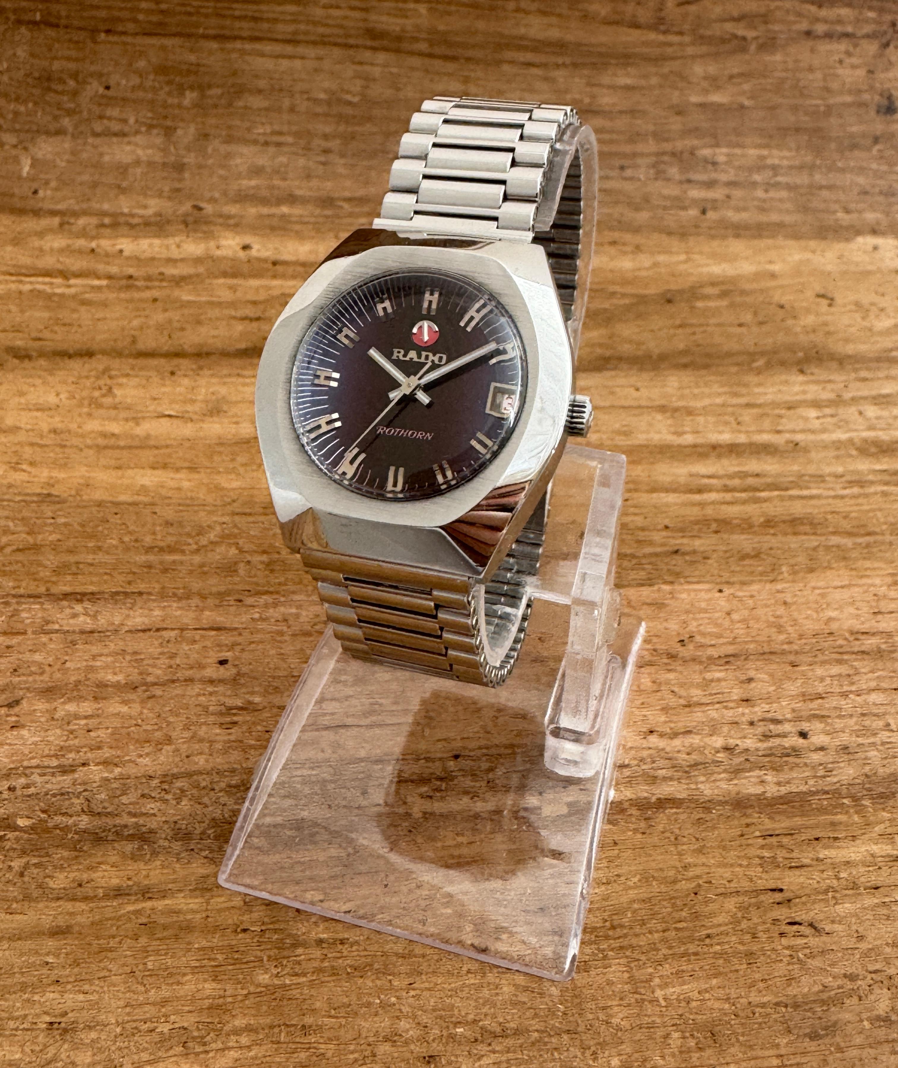   Description
Brand : Rado

Model: Rothorn

Country Of Manufacture: Switzerland

Movement: Automatic

Case Material: Stainless Steel

Measurements :34mm diameter (excluding crown )

Band Type : Stainless Steel With Marked Buckle

Band Condition :In