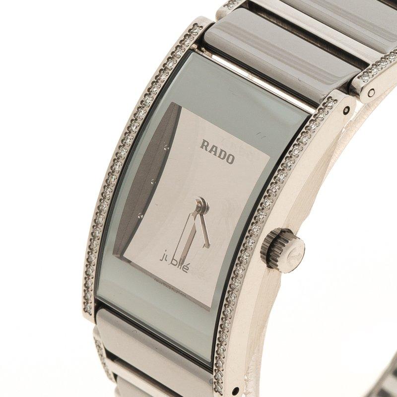 Contemporary Rado Silver Stainless Steel and Ceramic Diamond Women's Wristwatch 16 mm