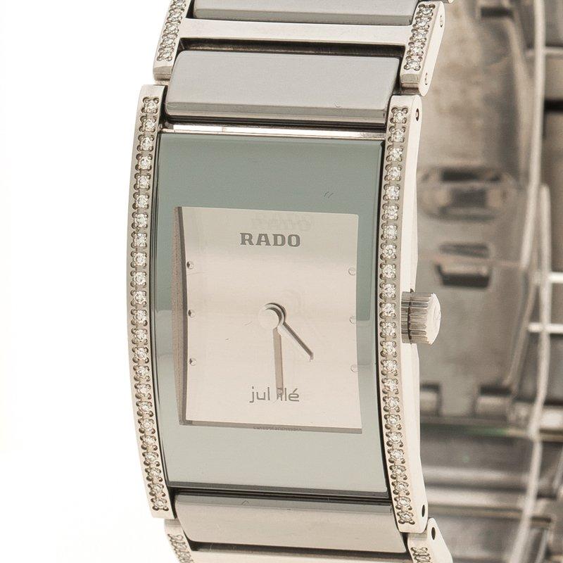 Antique Cushion Cut Rado Silver Stainless Steel and Ceramic Diamond Women's Wristwatch 16 mm
