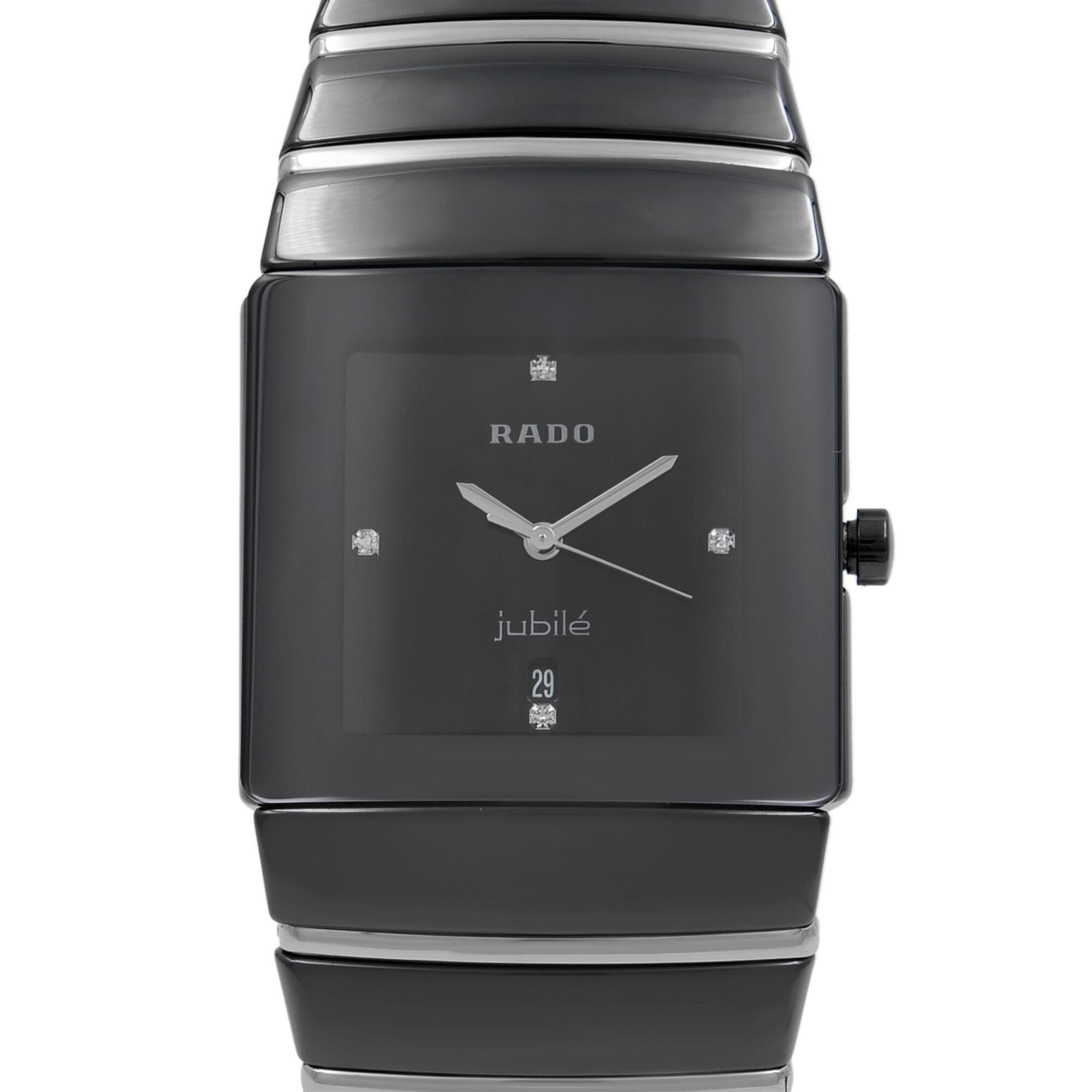 This brand new Rado Sintra R13335732 is a beautiful men's timepiece that is powered by a quartz movement which is cased in a ceramic case. It has a square shape face, date, diamonds dial and has hand diamonds, unspecified style markers. It is