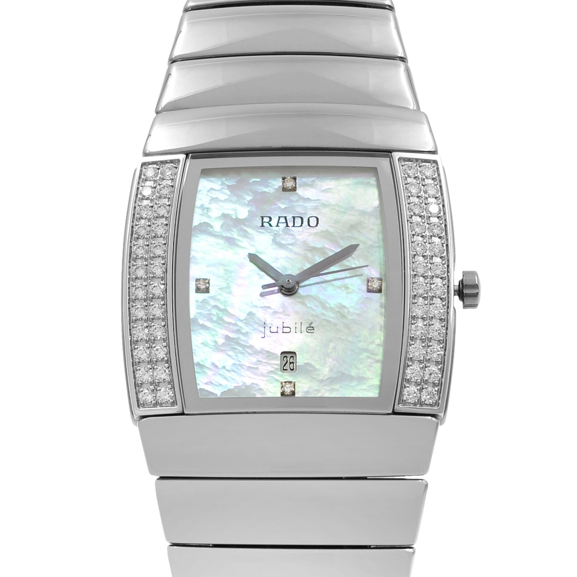 This brand new Rado Sintra R13577902 is a beautiful Ladies timepiece that is powered by a quartz movement which is cased in a ceramic case. It has a round shape face, date, diamonds dial and has hand diamonds, unspecified style markers. It is