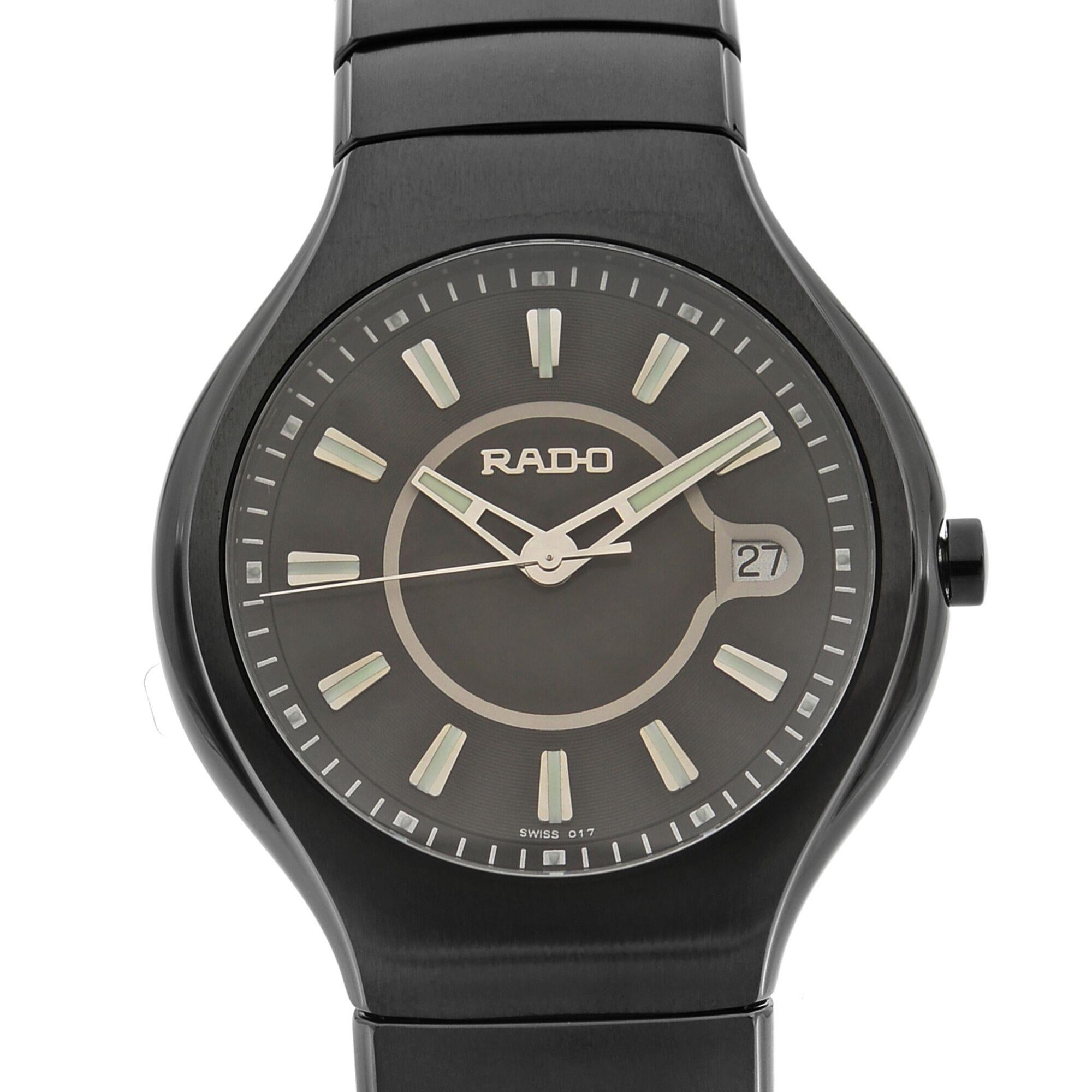 This brand new Rado True R27677172 is a beautiful men's timepiece that is powered by a quartz movement which is cased in a ceramic case. It has a round shape face, date dial and has hand sticks style markers. It is completed with a ceramic band that