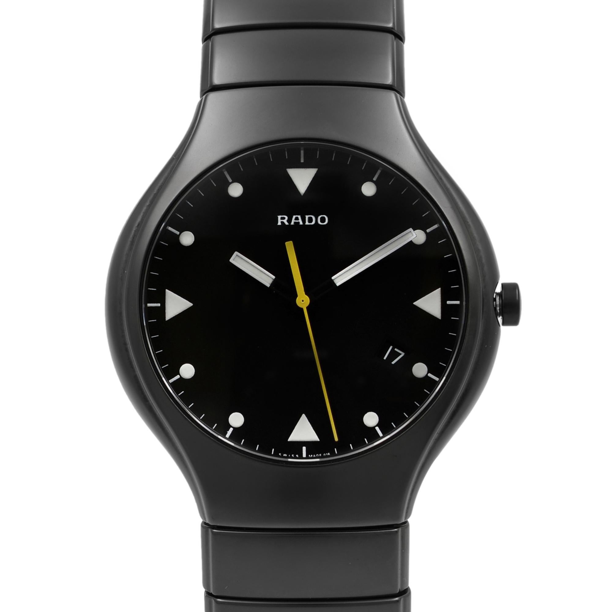 This brand new Rado True  is a beautiful men's timepiece that is powered by a quartz movement which is cased in a ceramic case. It has a round shape face, date dial and has hand dots style markers. It is completed with a ceramic band that opens and