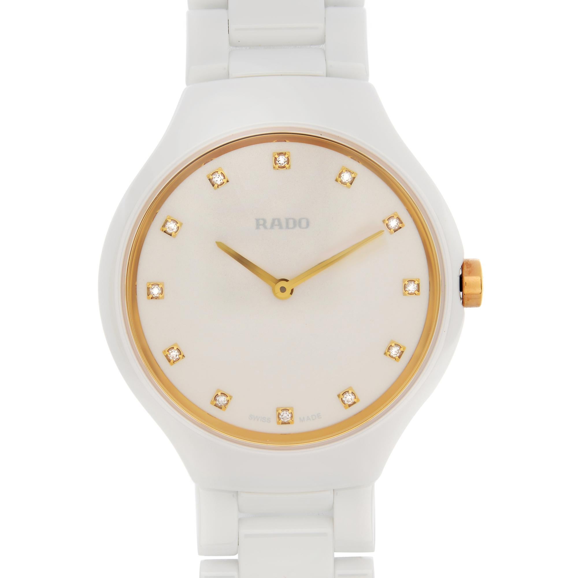 Display Model Rado True Thinline 30mm Ceramic White Diamond Dial Ladies Quartz Watch R27958709. This Beautiful Timepiece Features: White Ceramic Case with a White Ceramic Bracelet. Fixed Ceramic Bezel. White Dial with Rose Gold-tone Hands, And