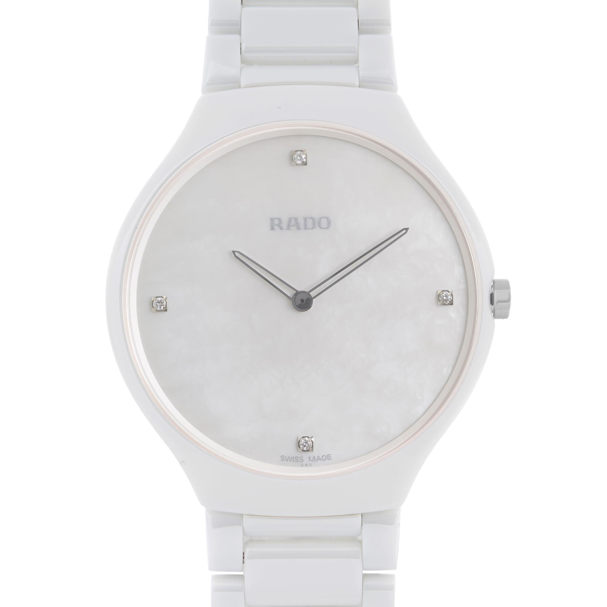 Unworn Rado True Thinline Quartz Mens Watch R27957902. This Beautiful Timepiece Features: White Ceramic Case and Bracelet. White Mother of Pearl Dial with Luminous Silver-tone Hands, And Diamond-Set Index Hour Markers. This Watch is Water Resistant