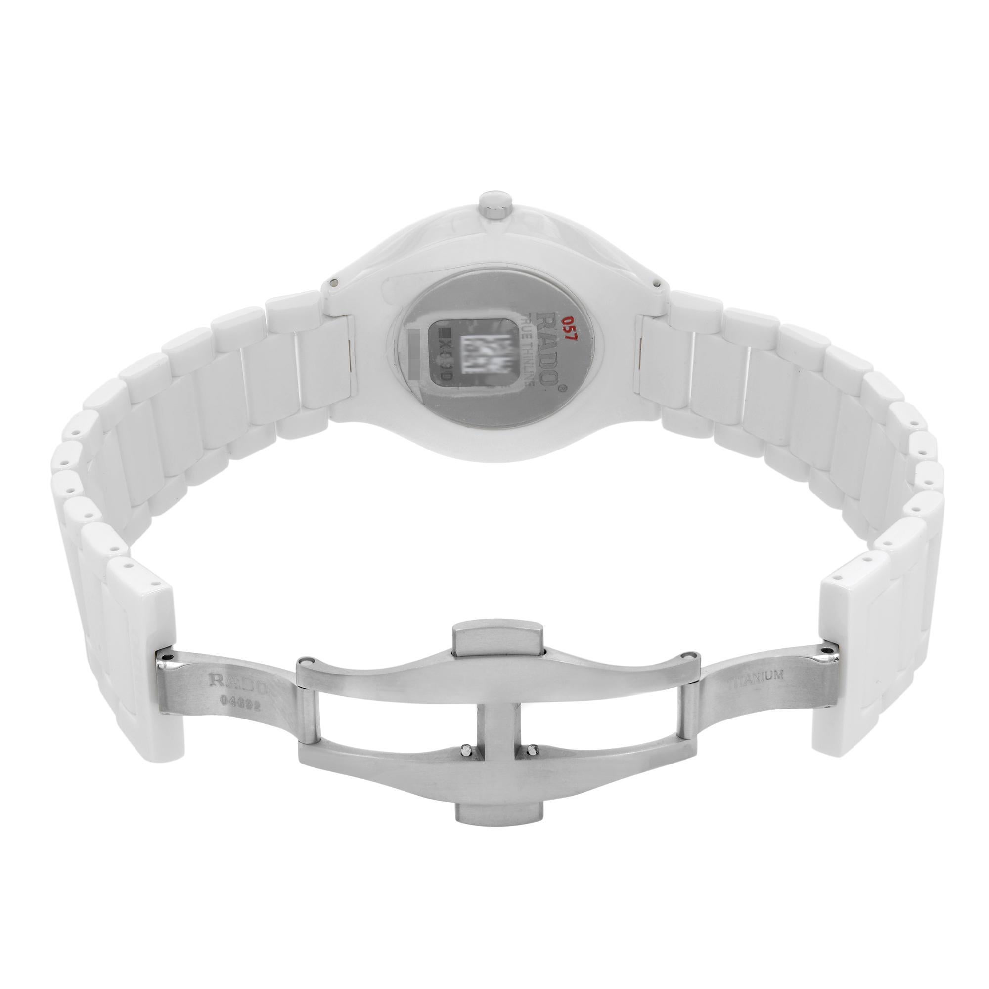 Rado True Thinline White Ceramic MOP Diamond Dial Mens Watch R27957902 In New Condition In New York, NY