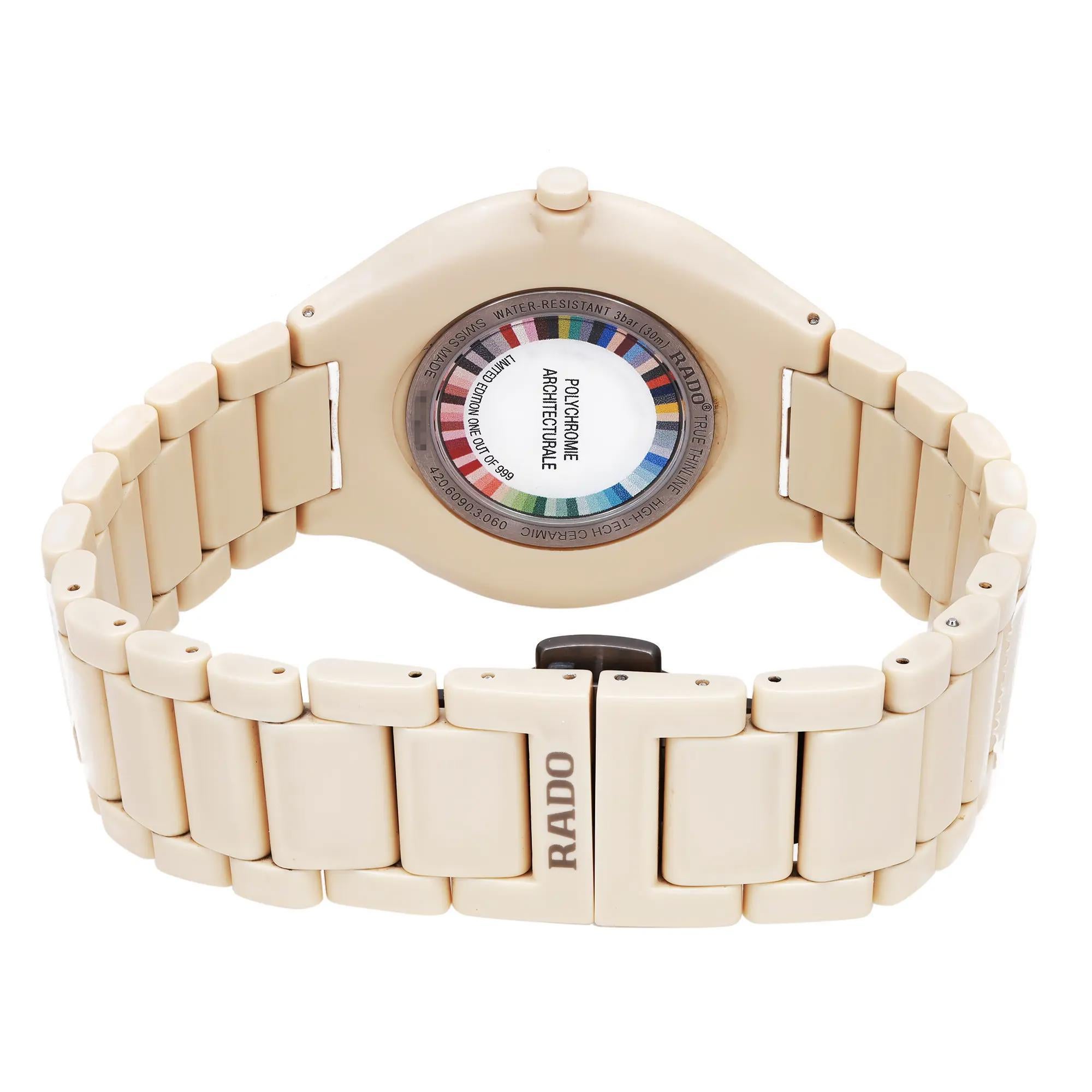 Women's or Men's Rado True Thinline Les Couleurs 39mm Ceramic Cream Dial Quartz Watch R27090602 For Sale