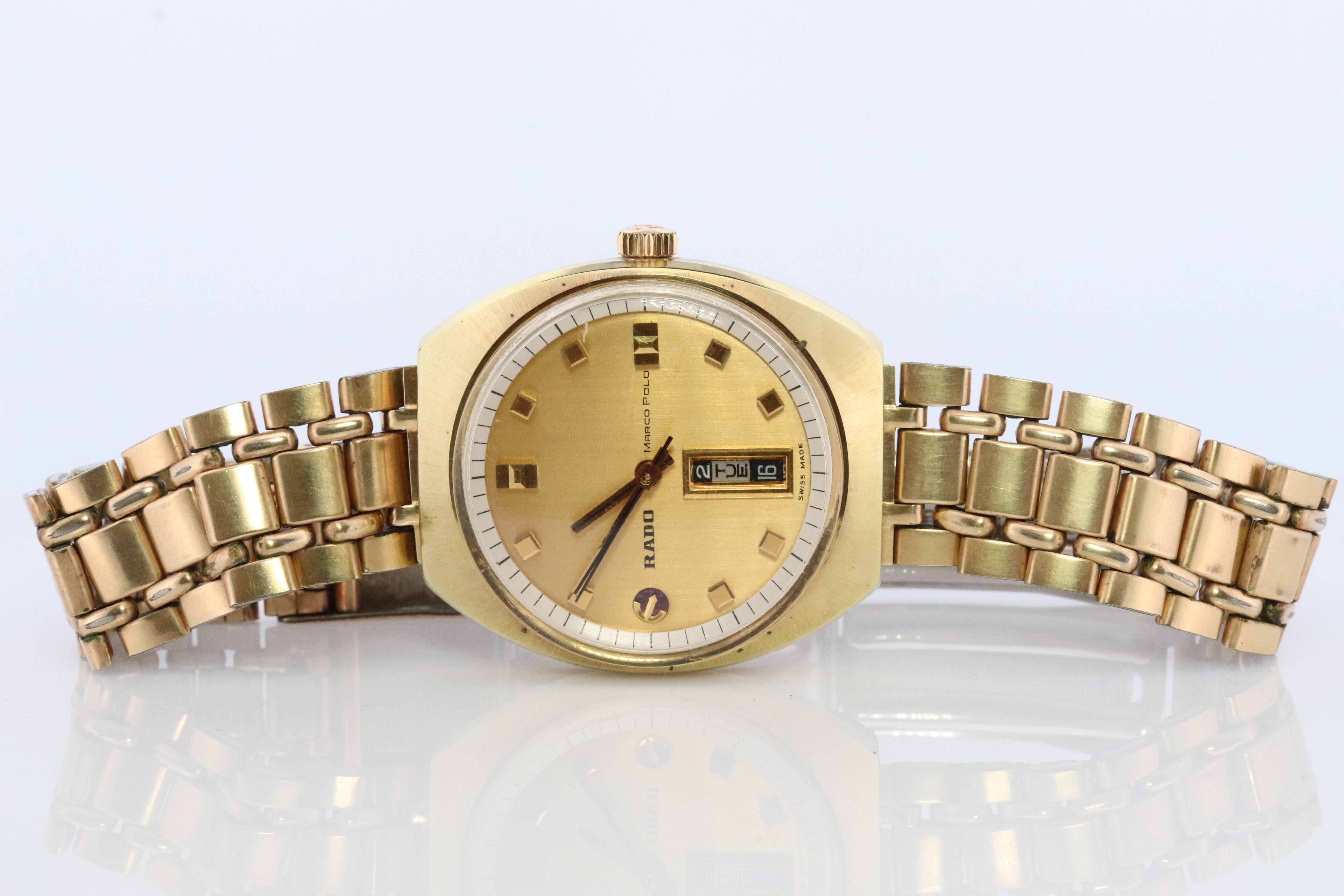 RADO Marco POLO 11839 Mens Watch 1960s

Fully Automatic Mechanical watch.

Silver with Gold Tone.

40mm by 36mm case

18k Rolled Gold Bracelet. Original RADO.

Genuine, will come in generic watch box.


Condition: Proper working order. Bracelet has