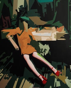 Subsistencia Consciente -Contemporáneo, Pintura, Verde, Naranja, Zapatos Rojos