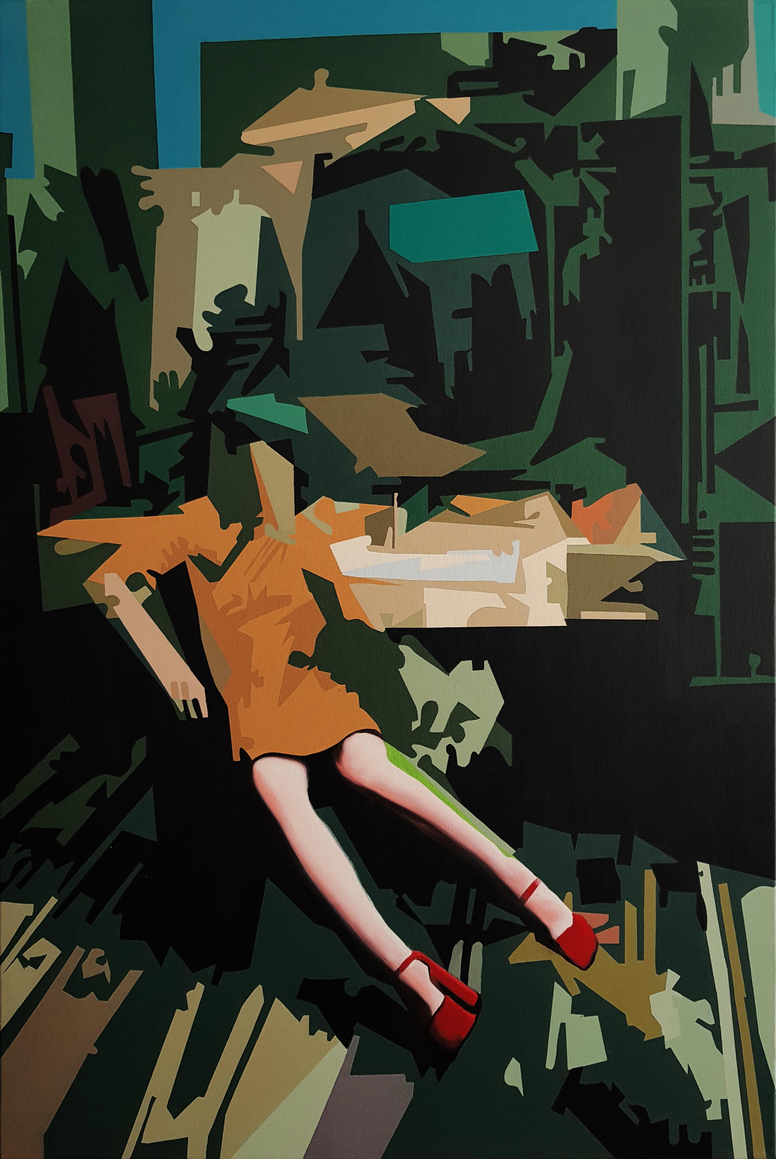 Conscious Subsisting -Contemporary, Painting, Green, Orange, Red Shoes
