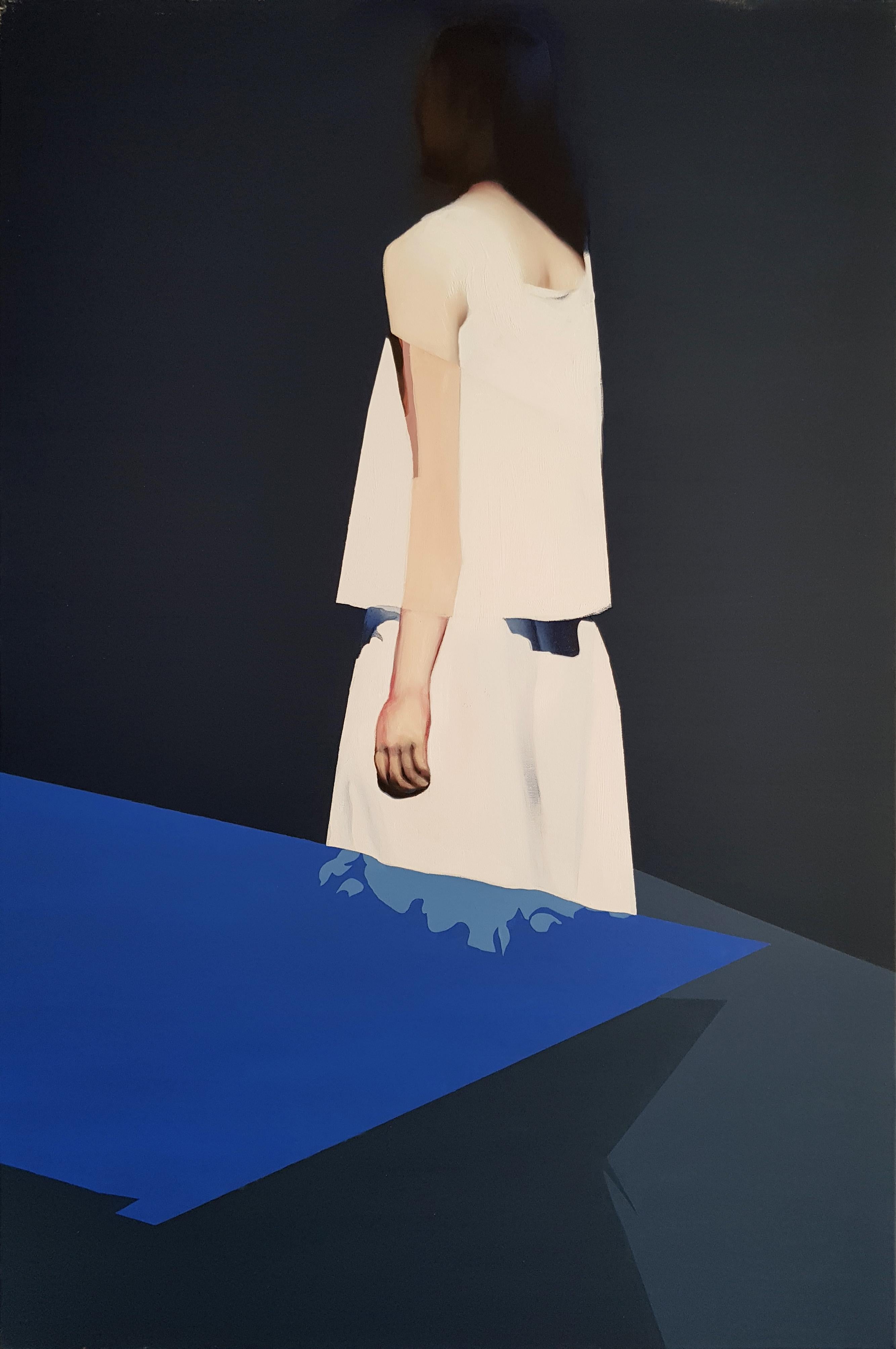 Radu Rodideal Interior Painting - Deviant Stroll - Contemporary, Blue, Grey, Beige, Female, Painting, 21st Century