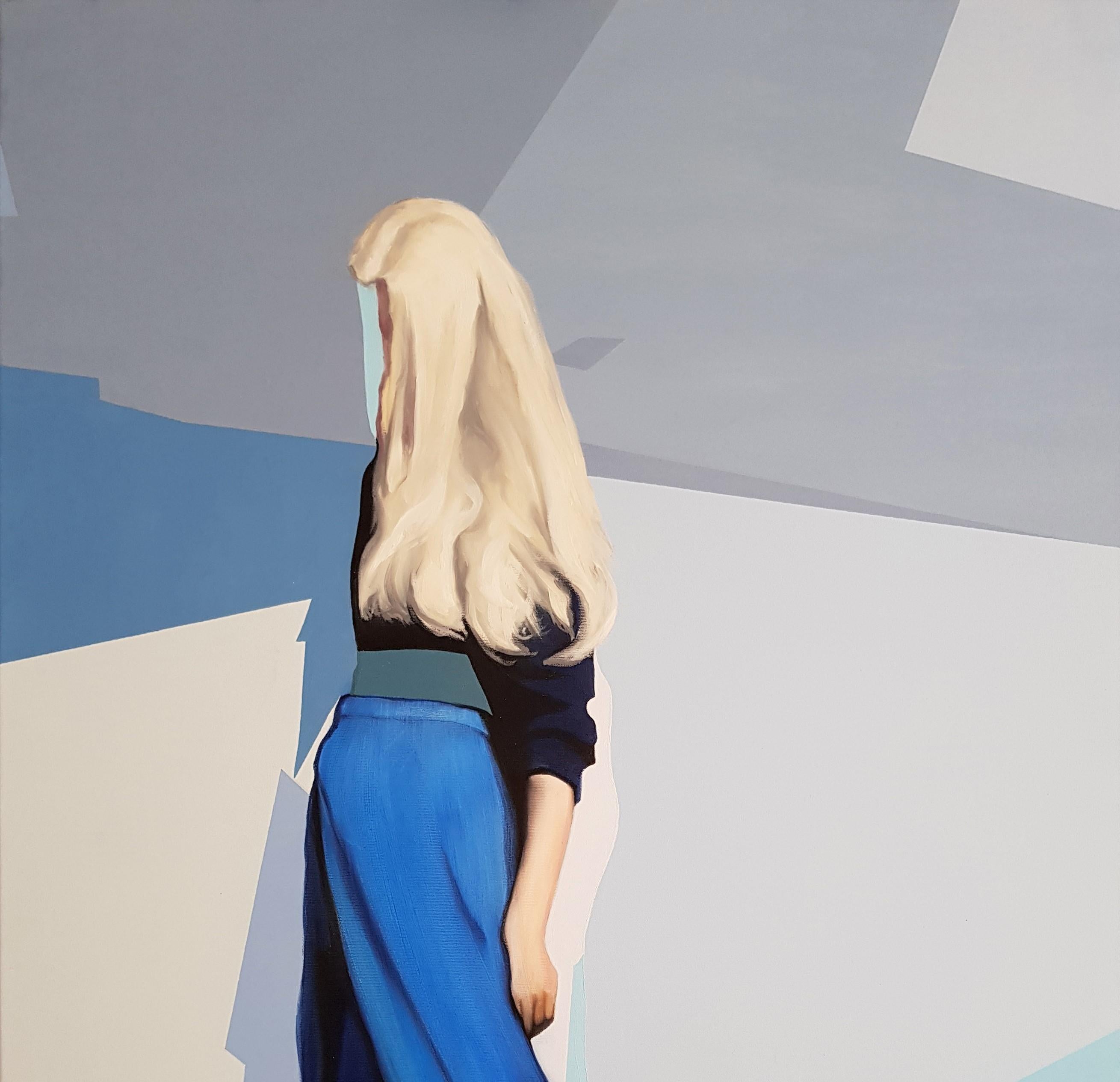 Enigma linaire - Contemporain, Peinture, Bleu, Femme, Blonde, XXIe sicle - Painting de Radu Rodideal