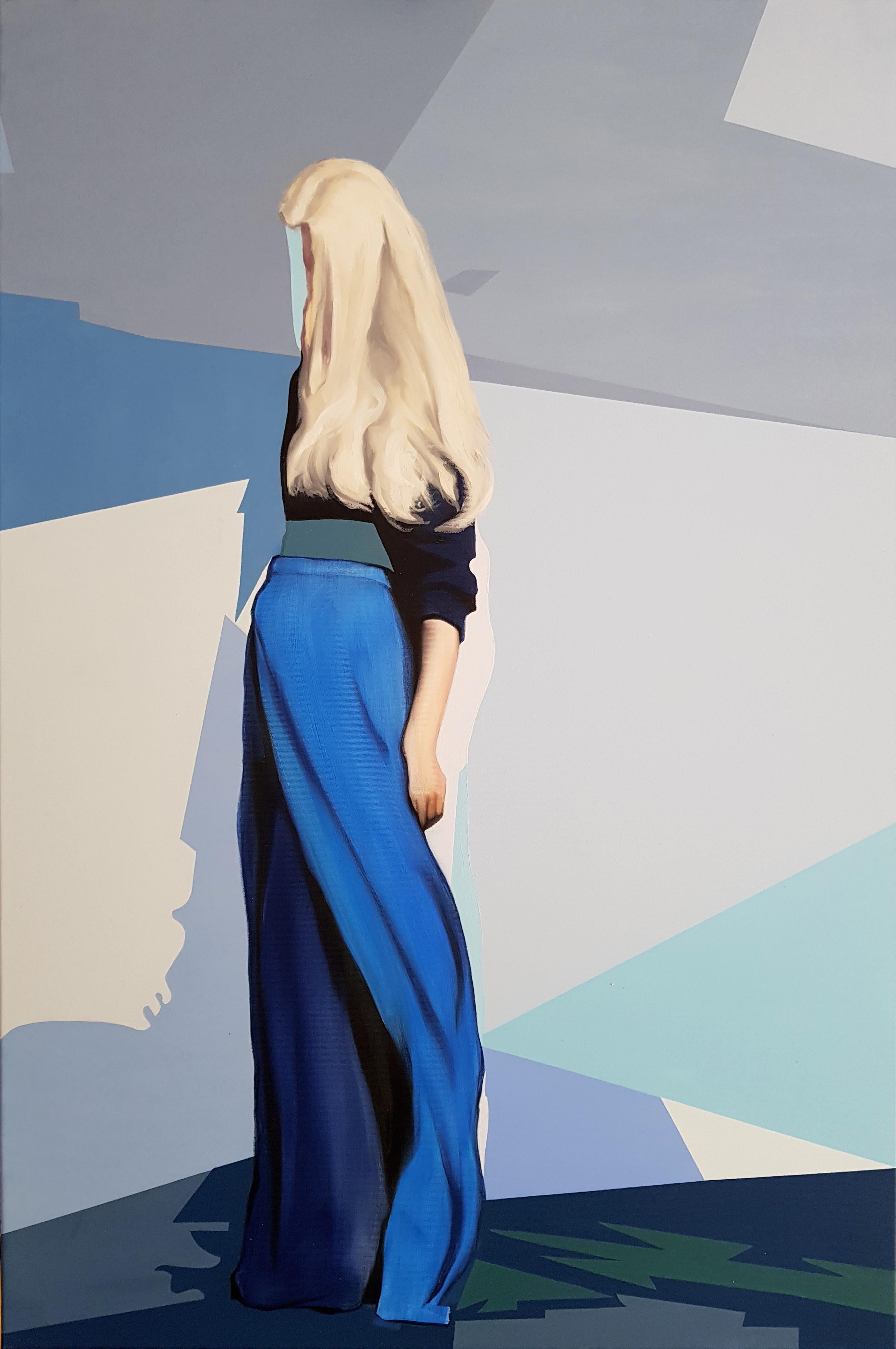 Portrait Painting Radu Rodideal - Enigma linaire - Contemporain, Peinture, Bleu, Femme, Blonde, XXIe sicle