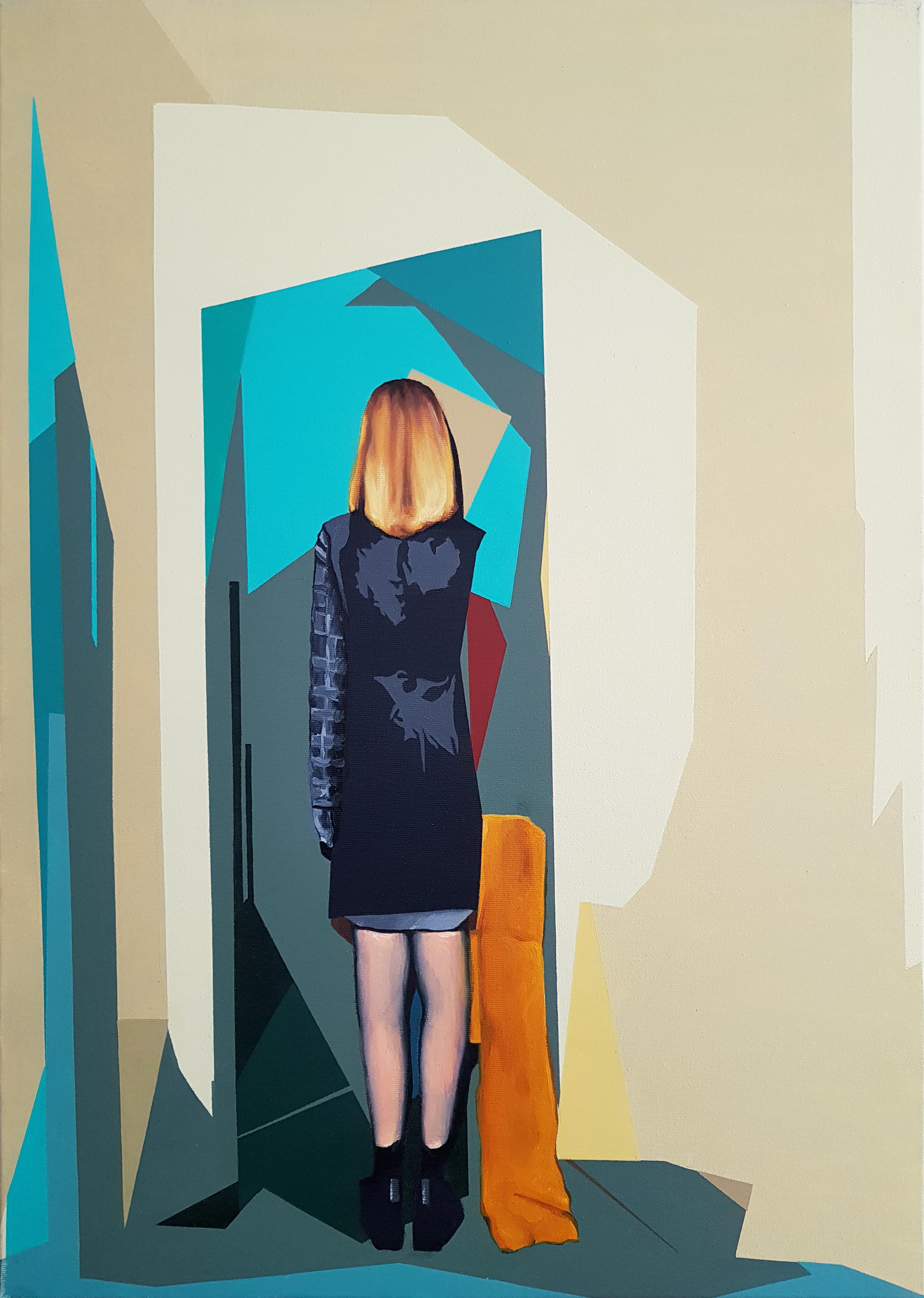 Radu Rodideal Figurative Painting - Nirvana - Contemporary, Female, Orange, Blue, 21st Century, Painting