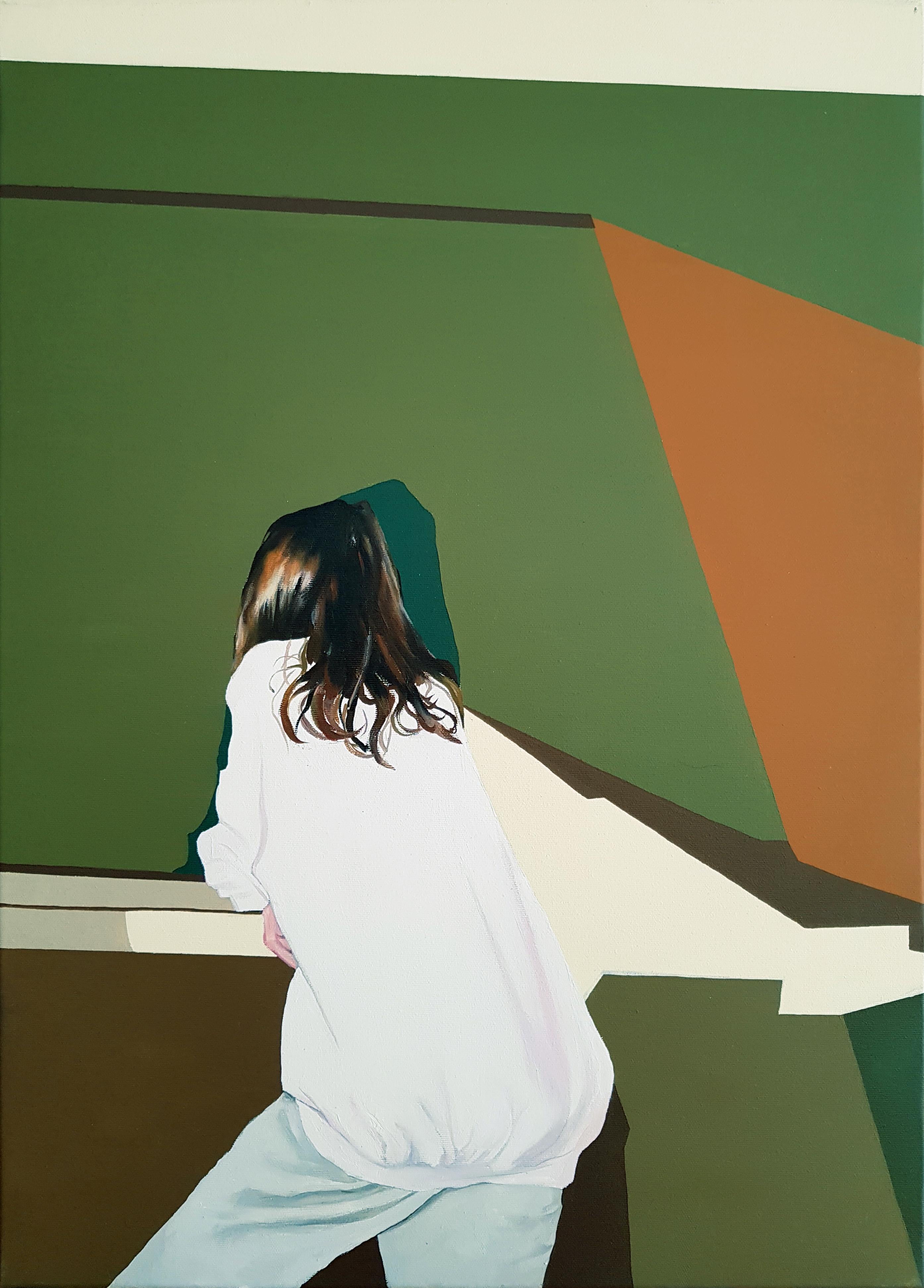 Radu Rodideal Figurative Painting - Spirited Bystander - Contemporary, Painting, Green, White, 21st Century