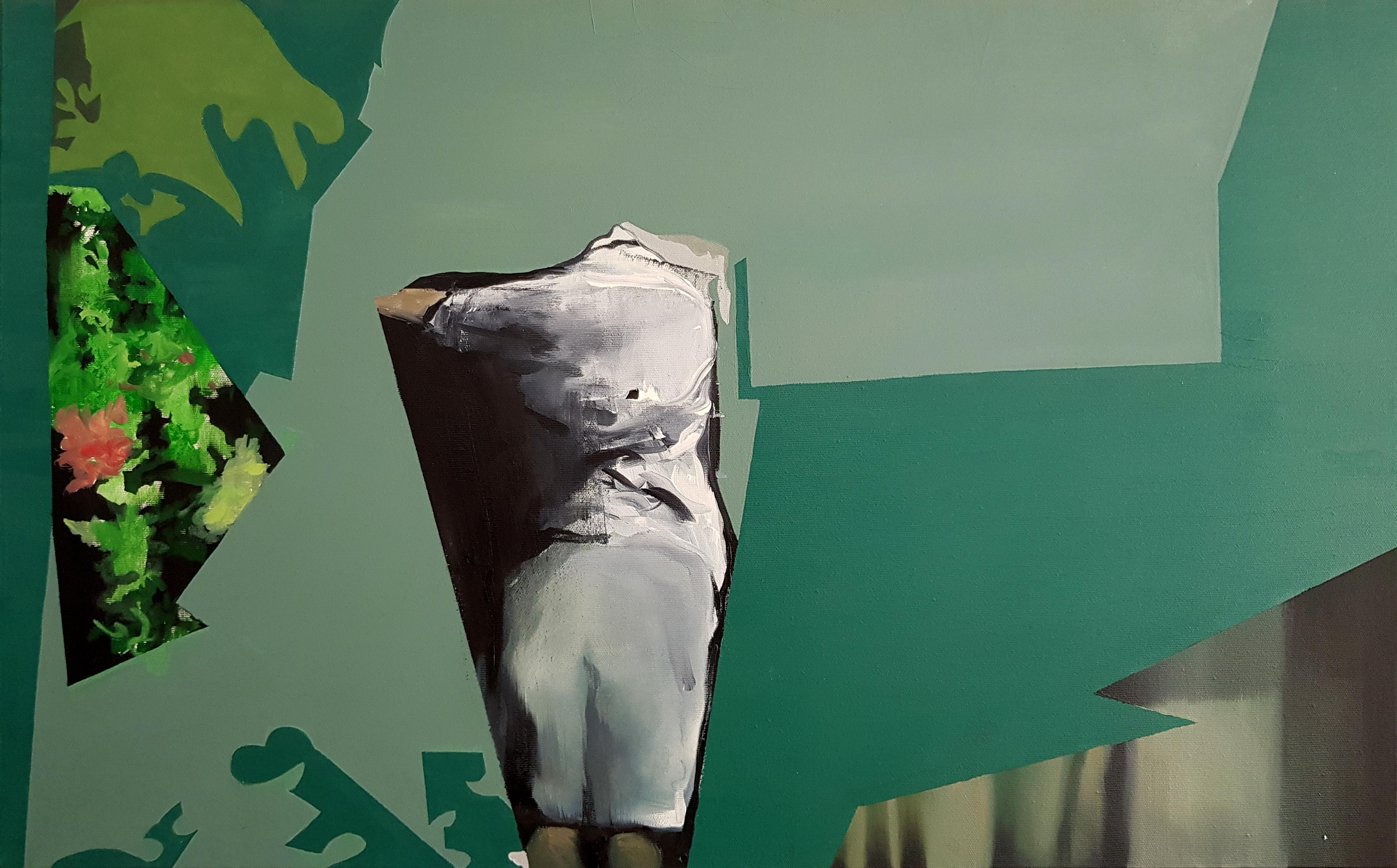 Radu Rodideal Figurative Painting - Uncertain Butterflies - Contemporary, Painting, Green, White, 21st Century