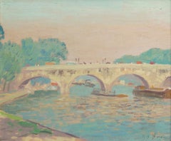 Bridge Scene in France, American Impressionist, European River Landscape, 1914